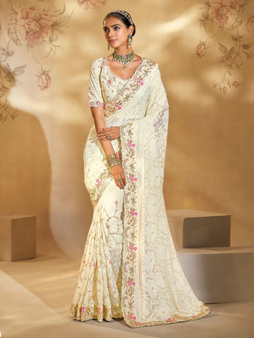 Cream Pure Georgette Saree with Lucknowi, Cut Dana & Heavy Work