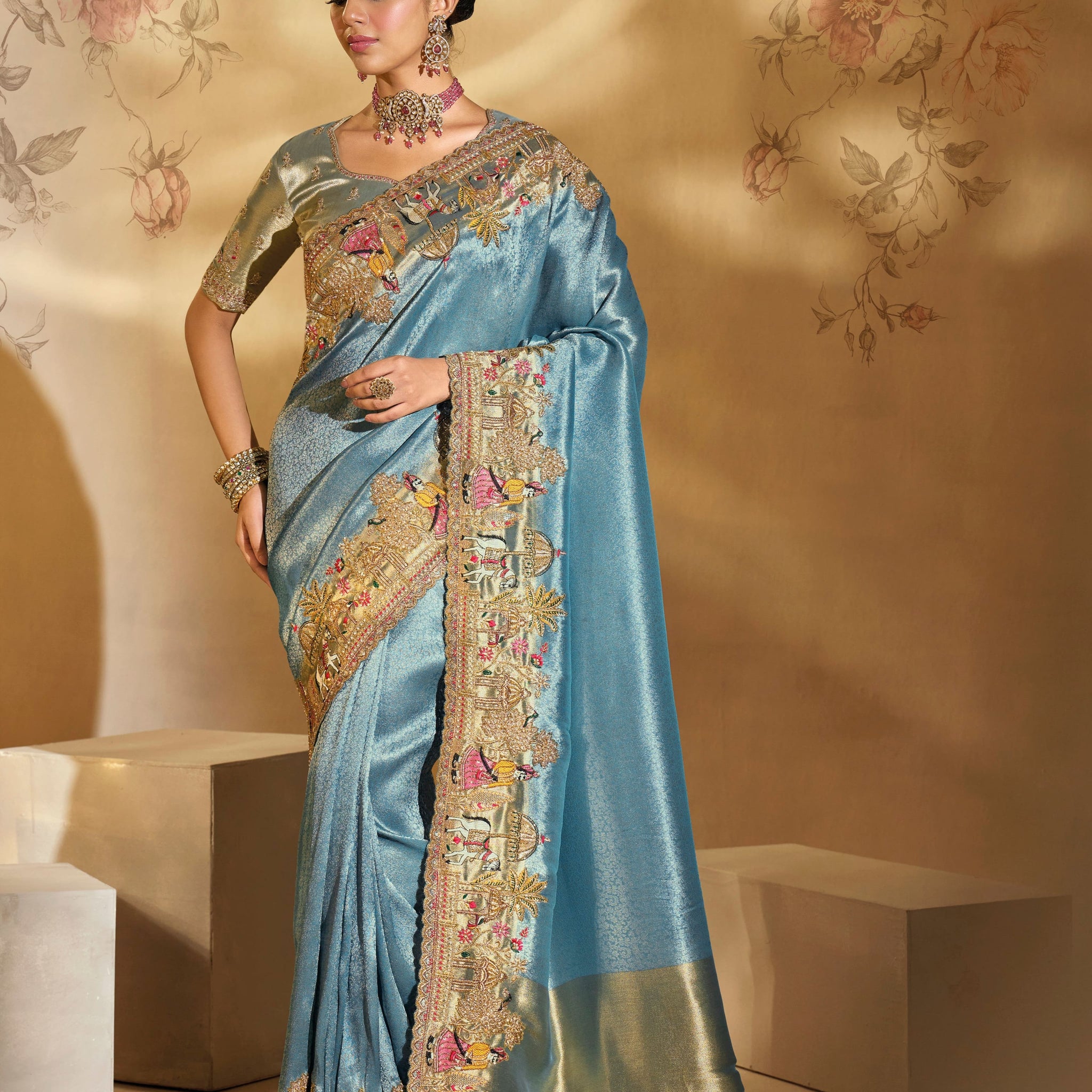 Sea Green Ziraf Silk Saree with Jari, Thread & Moti Heavy Work