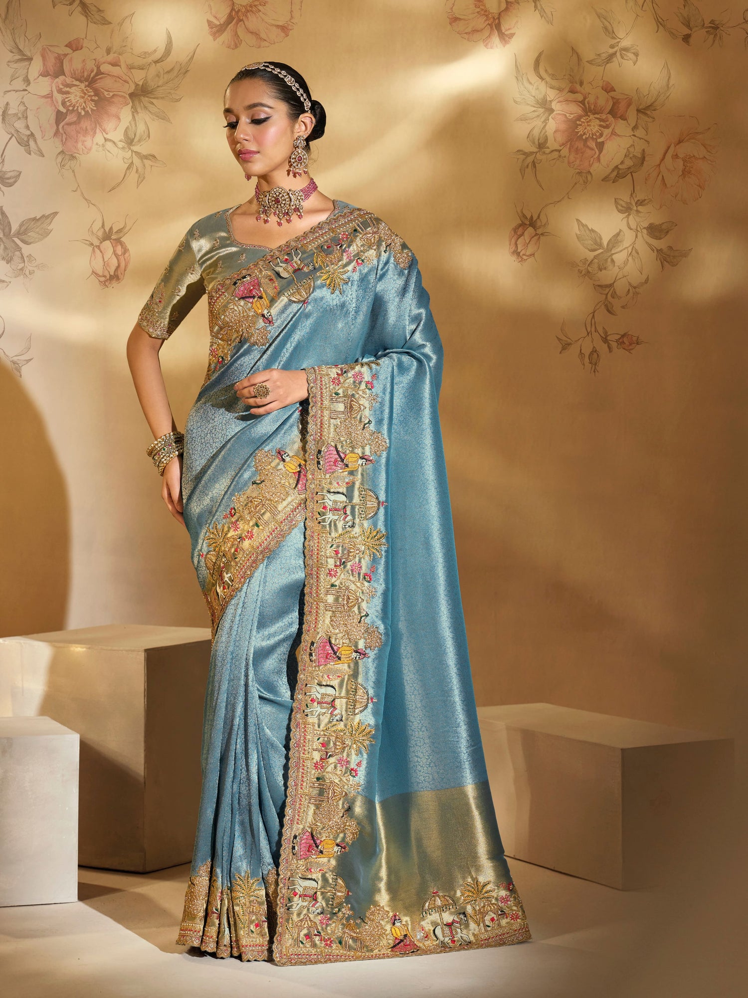 Sea Green Ziraf Silk Saree with Jari, Thread &amp; Moti Heavy Work