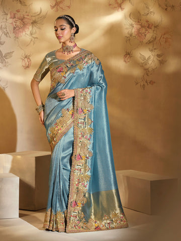 Sea Green Ziraf Silk Saree with Jari, Thread & Moti Heavy Work