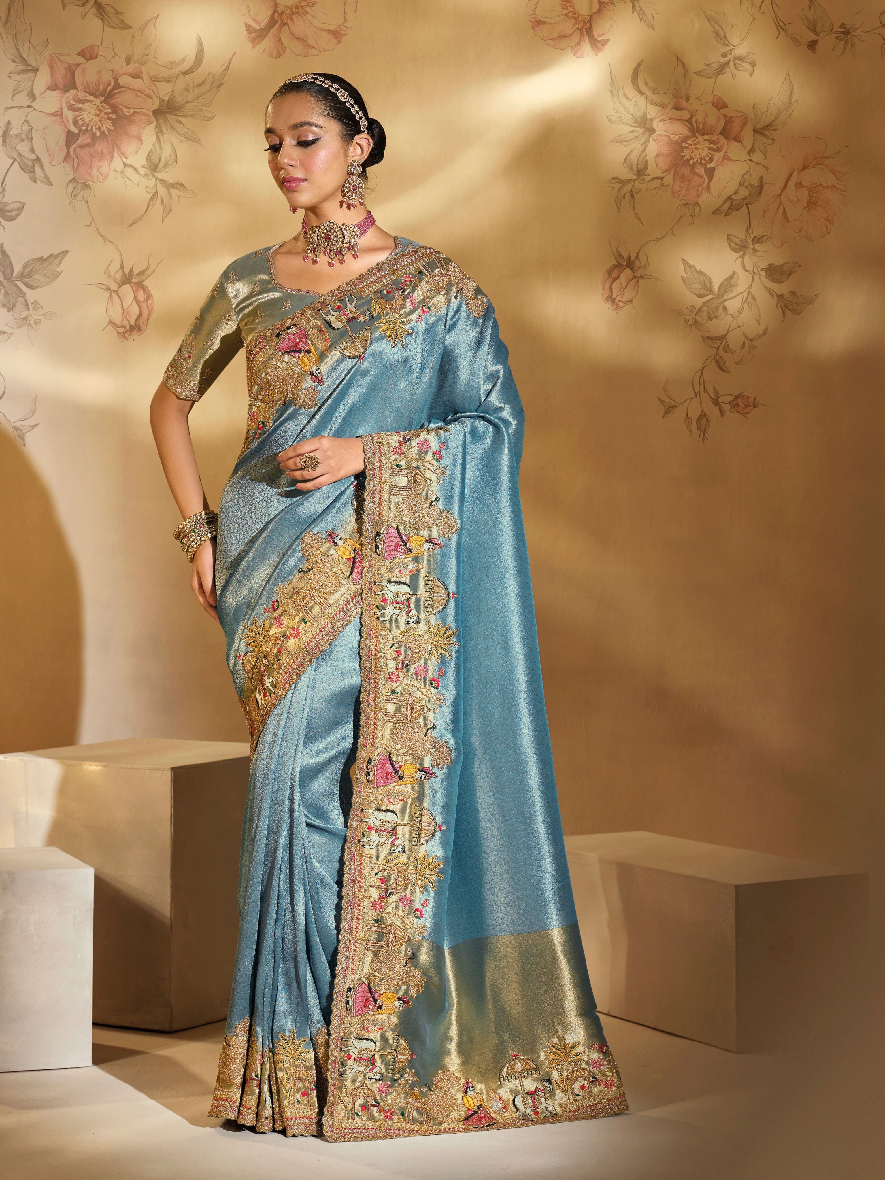 Sea Green Ziraf Silk Saree with Jari, Thread &amp; Moti Heavy Work