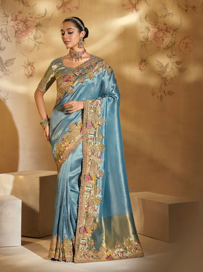 Sea Green Ziraf Silk Saree with Jari, Thread &amp; Moti Heavy Work