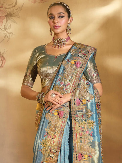 Sea Green Ziraf Silk Saree with Jari, Thread &amp; Moti Heavy Work