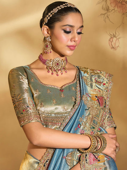 Sea Green Ziraf Silk Saree with Jari, Thread &amp; Moti Heavy Work