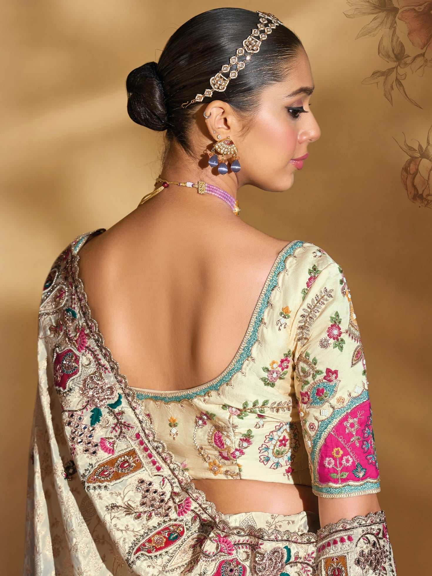 Cream to Grey Pure Crape Saree with Heavy Mirror, Jari & Embroidery