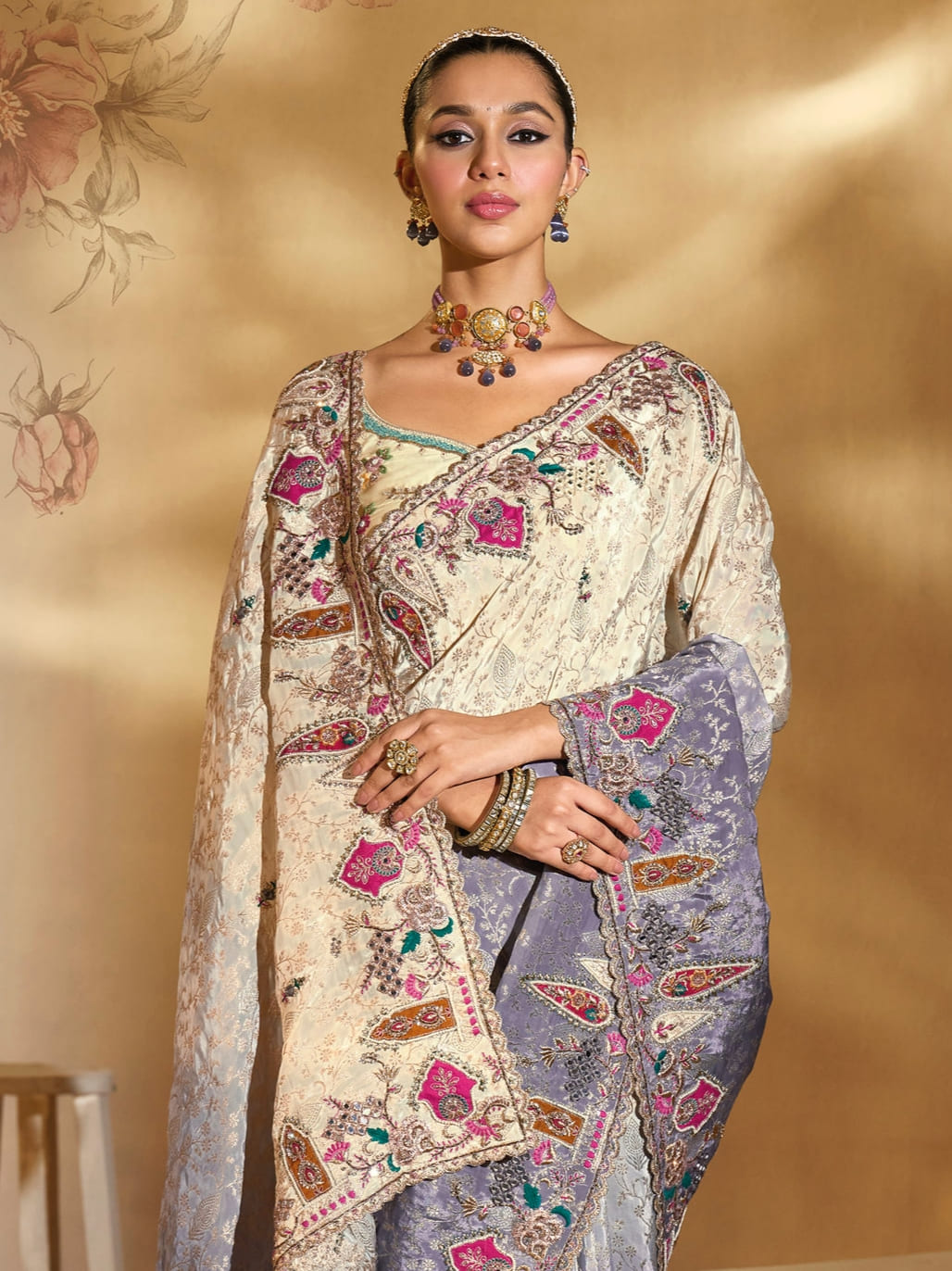 Cream to Grey Pure Crape Saree with Heavy Mirror, Jari & Embroidery