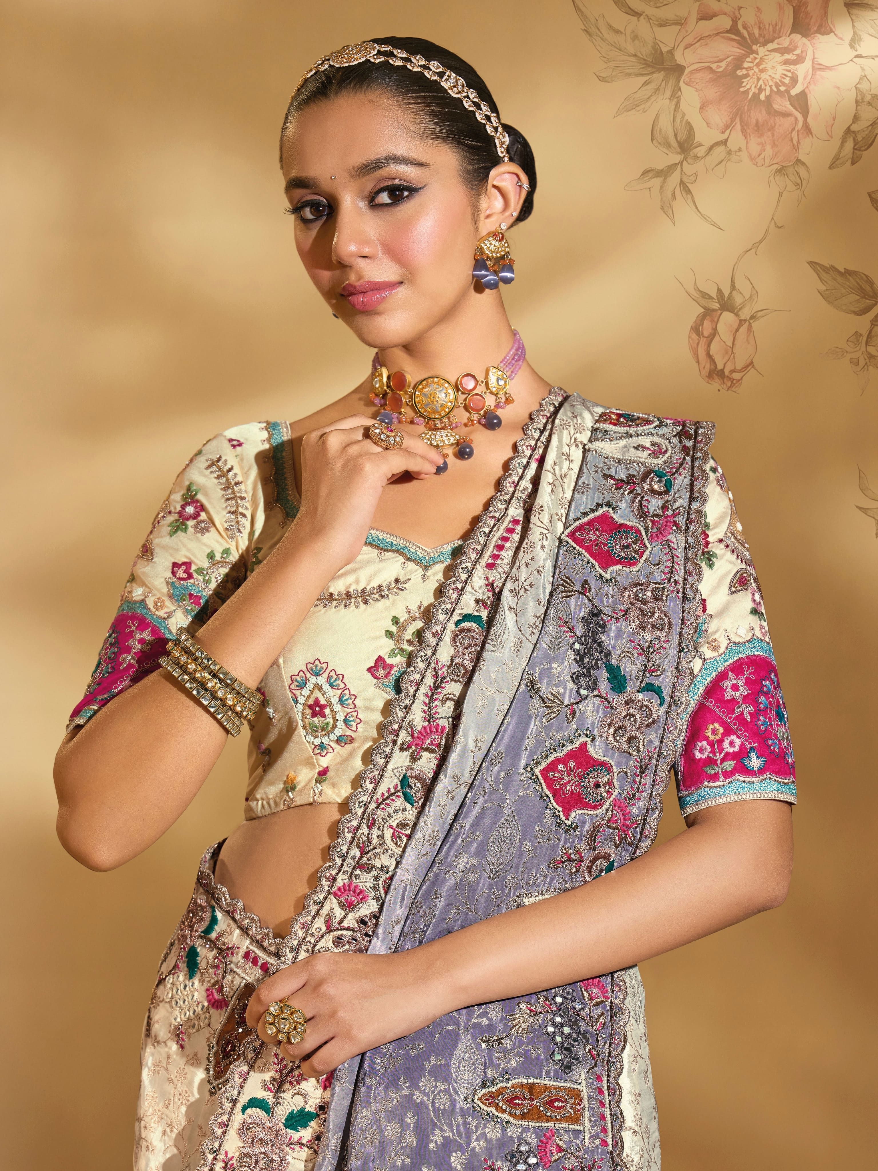 Cream to Grey Pure Crape Saree with Heavy Mirror, Jari & Embroidery