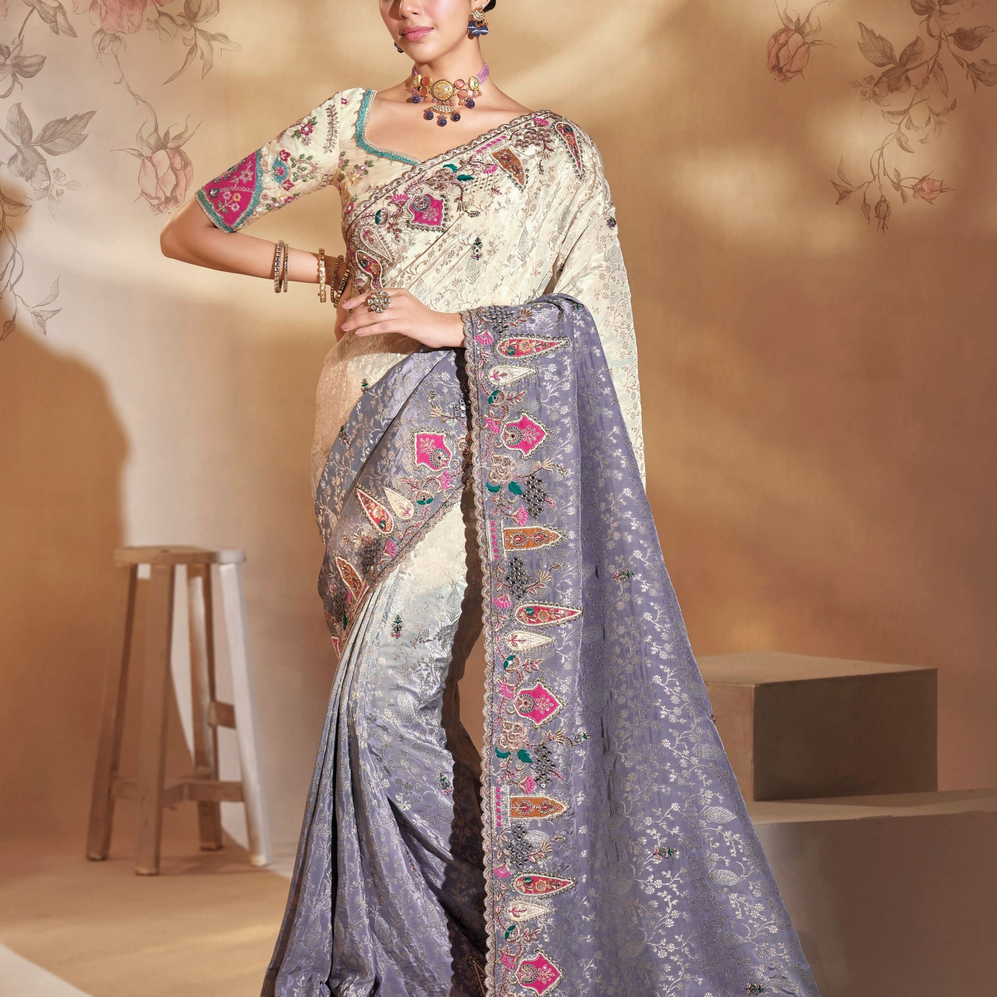Cream to Grey Pure Crape Saree with Heavy Mirror, Jari & Embroidery
