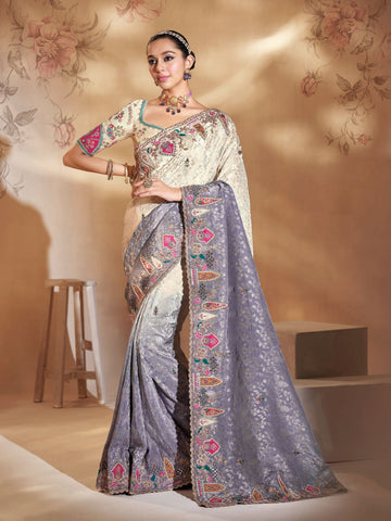 Cream to Grey Pure Crape Saree with Heavy Mirror, Jari & Embroidery
