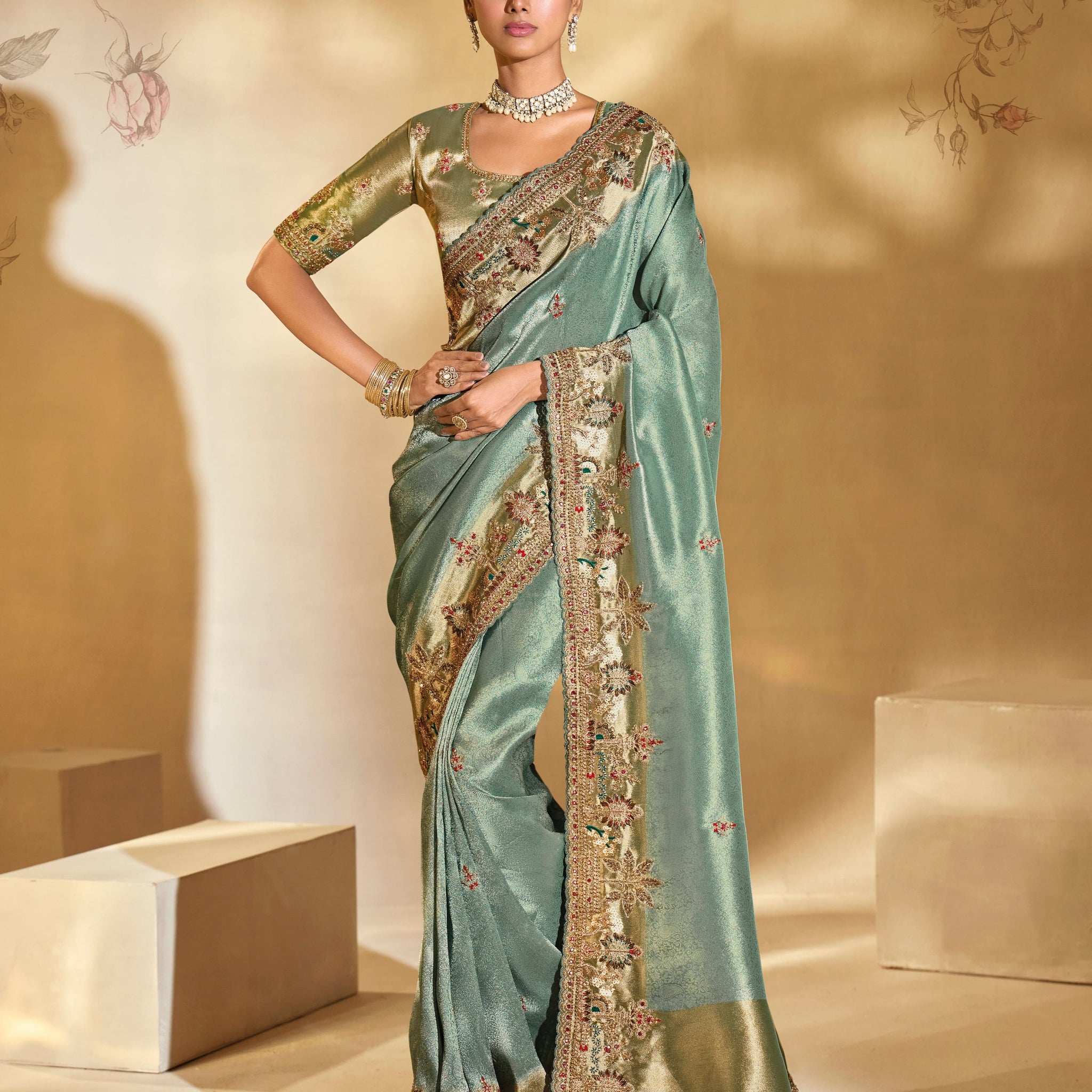 Pista Green Ziraf Silk Saree with Mirror, Moti & Hand Embroidery