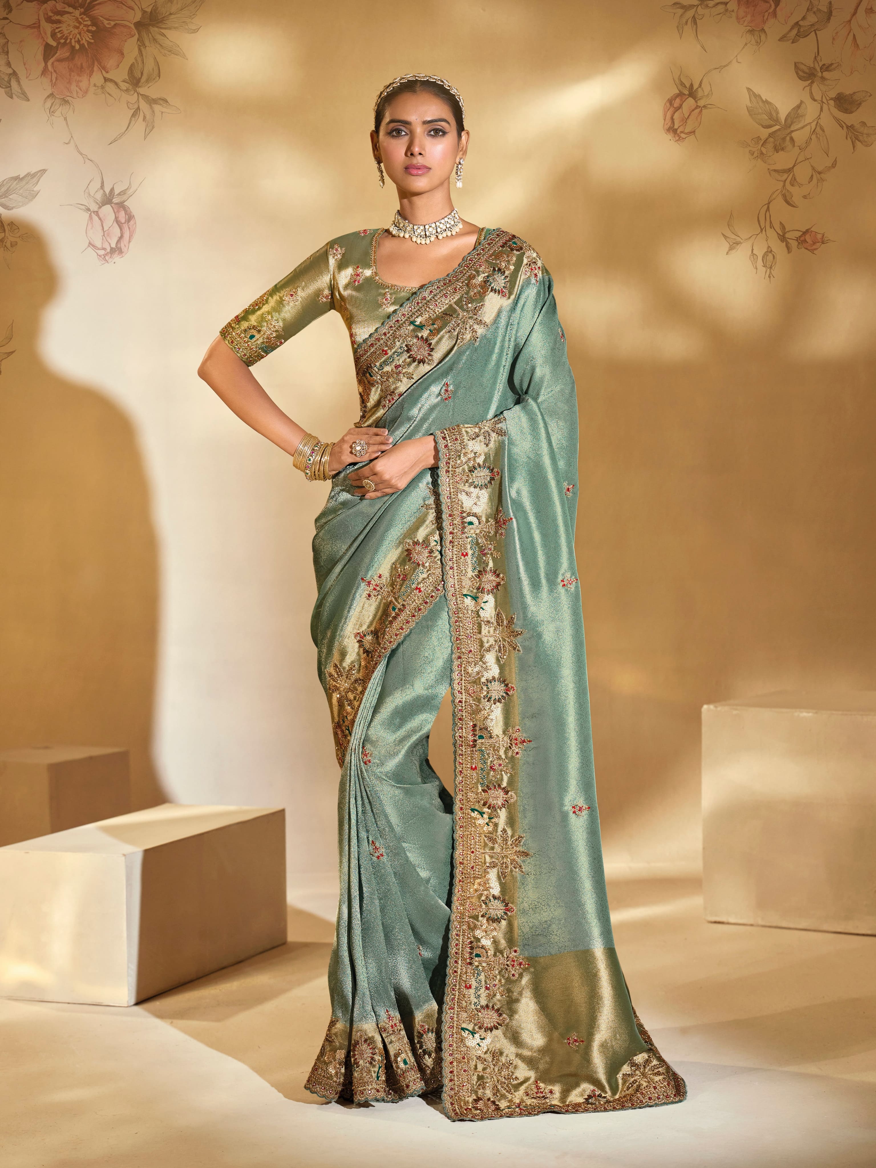 Pista Green Ziraf Silk Saree with Mirror, Moti &amp; Hand Embroidery