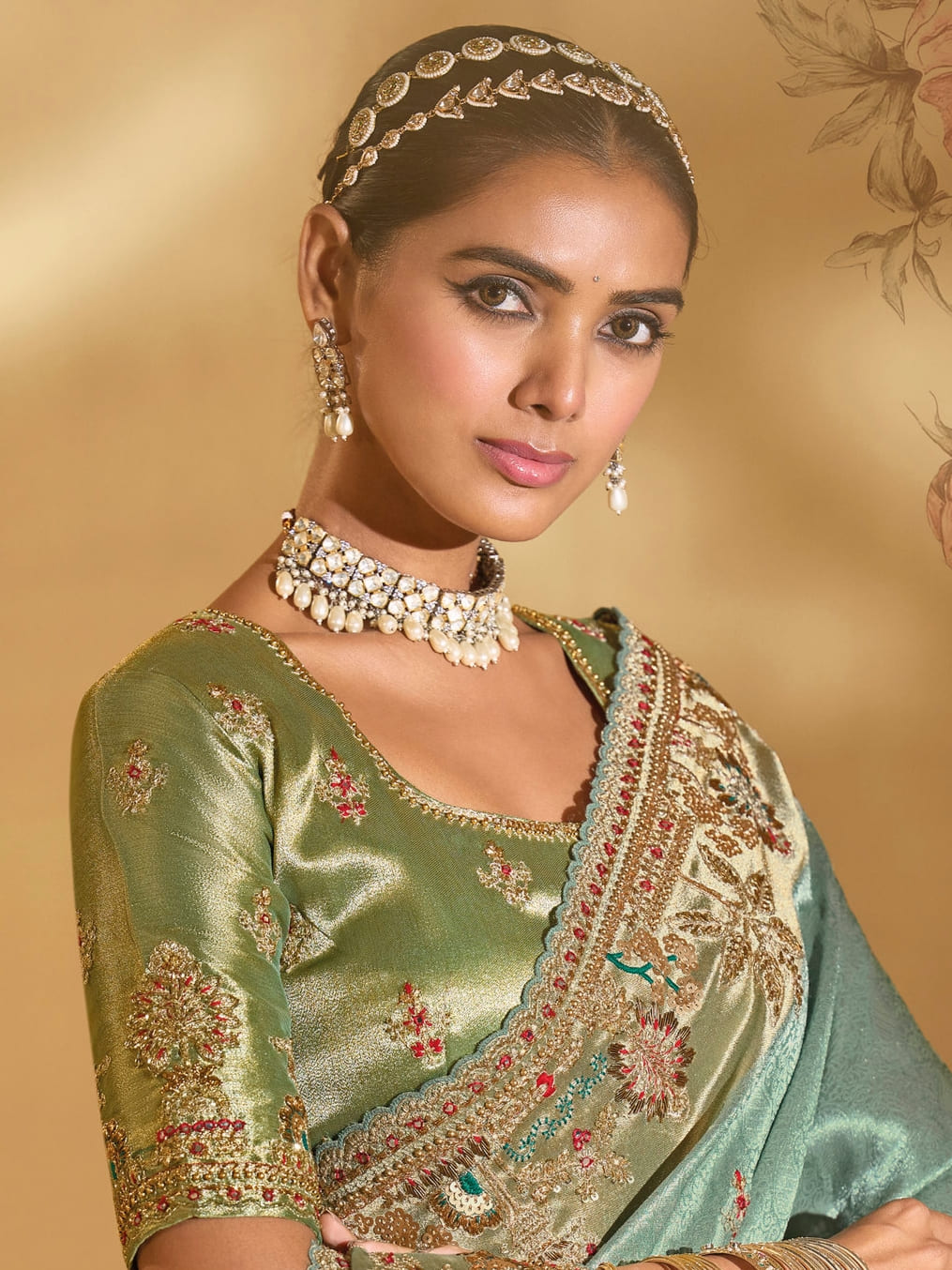 Pista Green Ziraf Silk Saree with Mirror, Moti &amp; Hand Embroidery