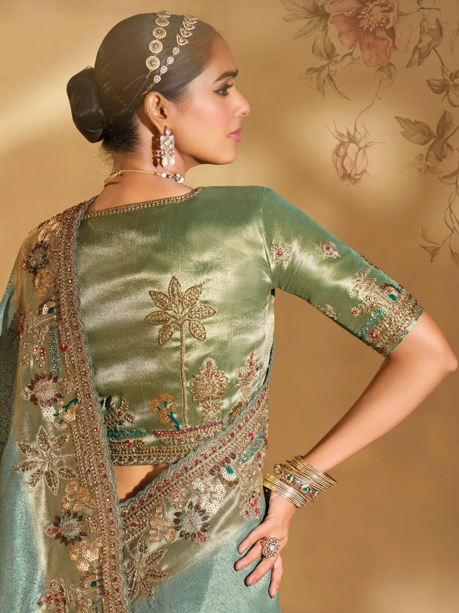 Pista Green Ziraf Silk Saree with Mirror, Moti &amp; Hand Embroidery