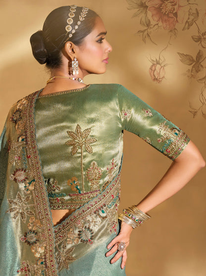Pista Green Ziraf Silk Saree with Mirror, Moti &amp; Hand Embroidery