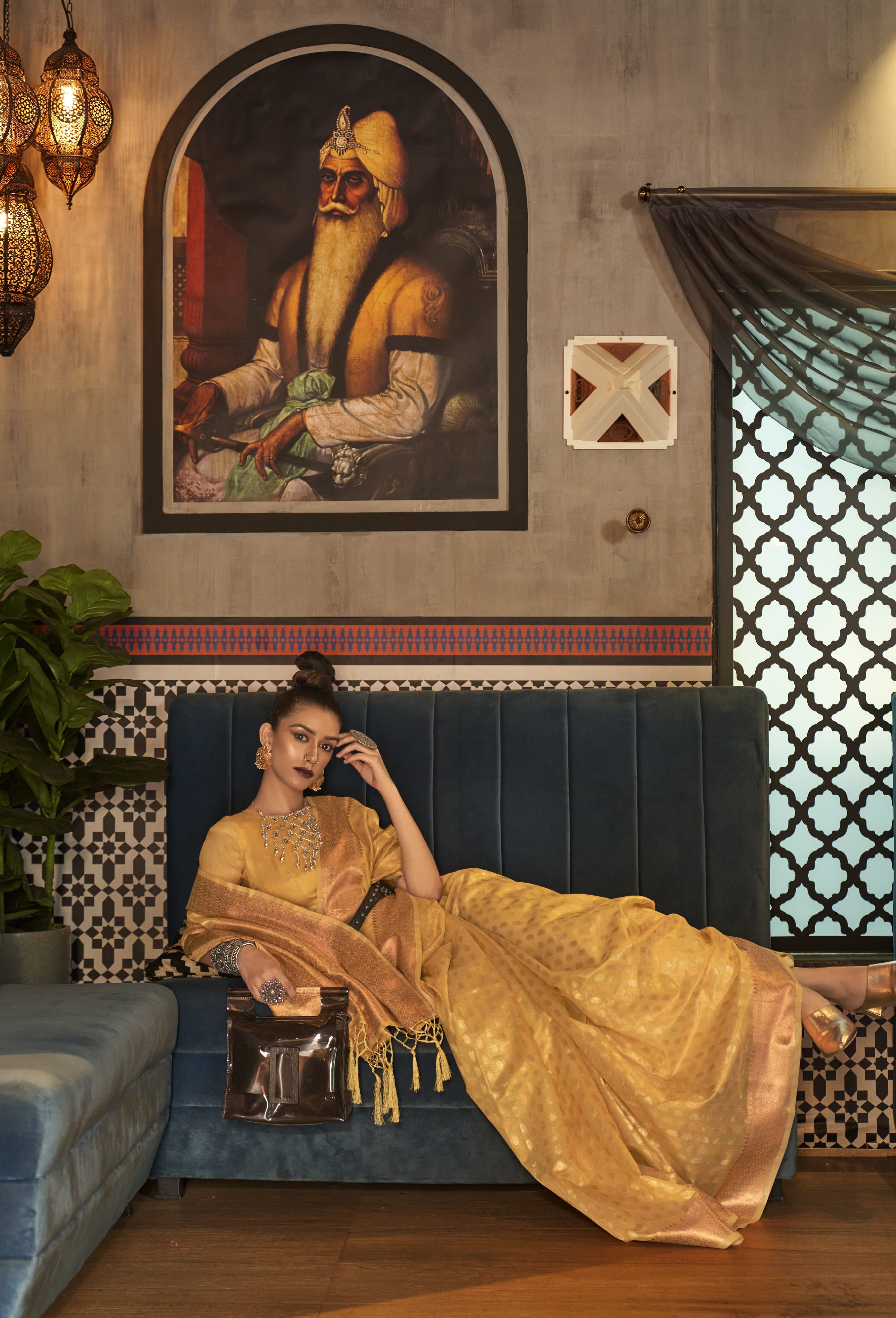 Peach Gold Tissue Silk Saree with Copper Zari Handloom Weaving