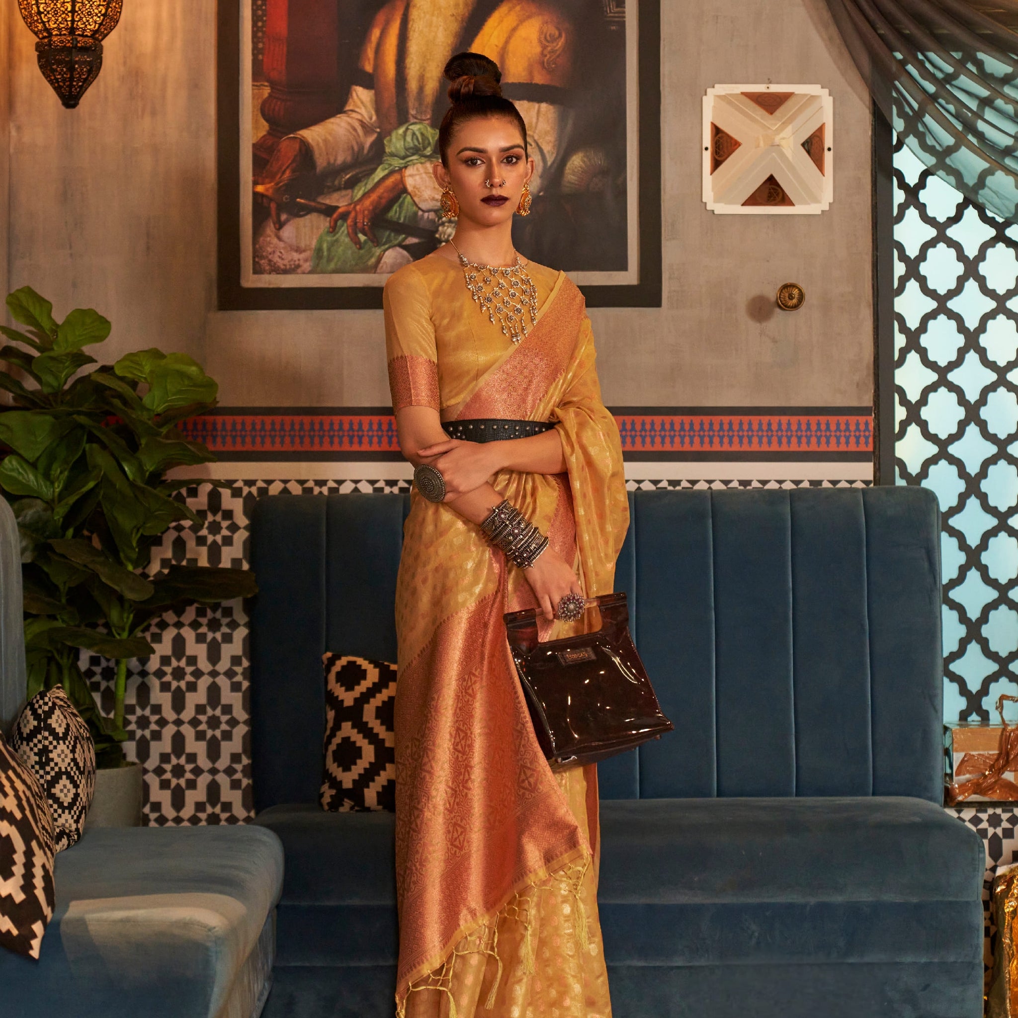 Peach Gold Tissue Silk Saree with Copper Zari Handloom Weaving