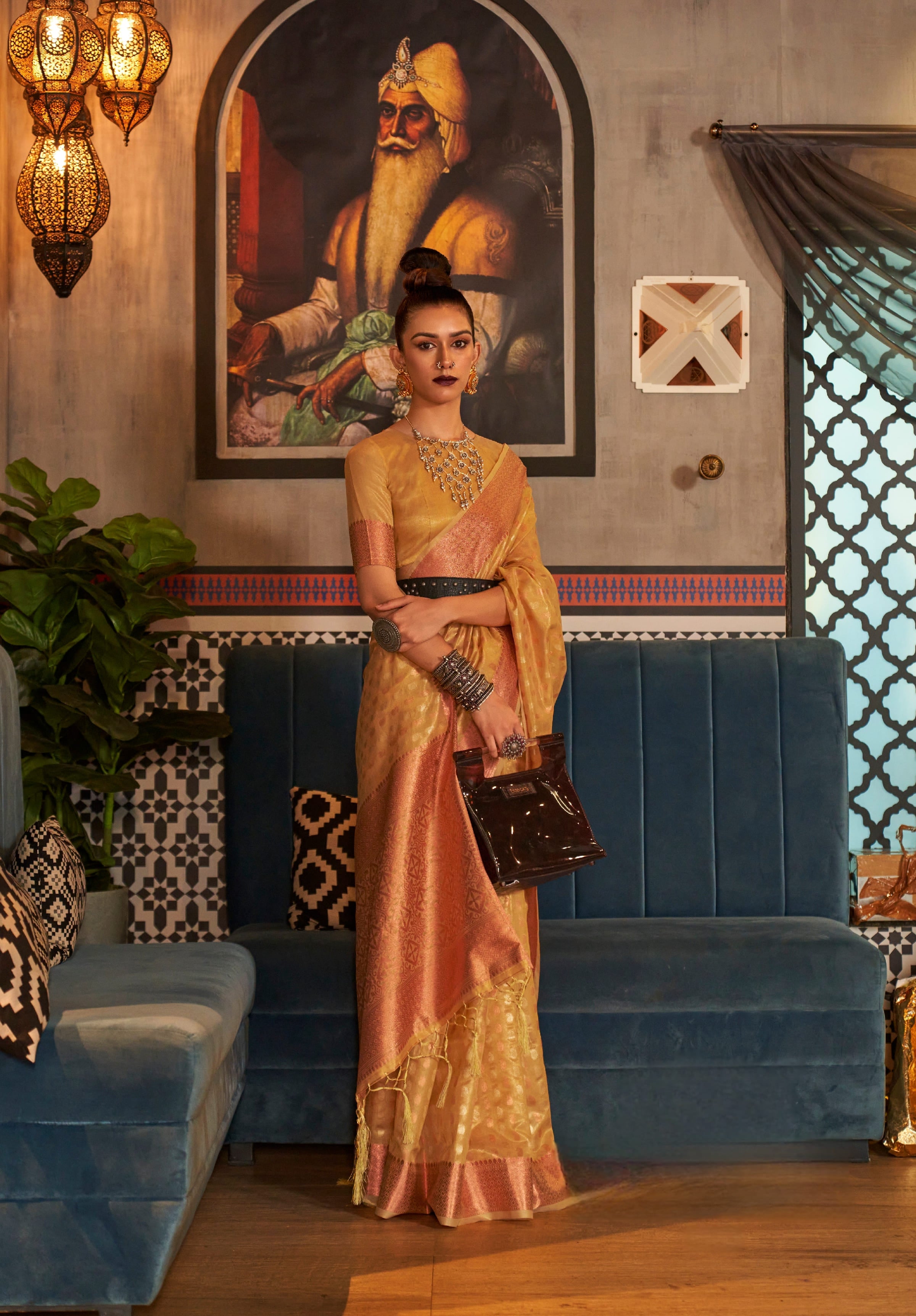 Peach Gold Tissue Silk Saree with Copper Zari Handloom Weaving