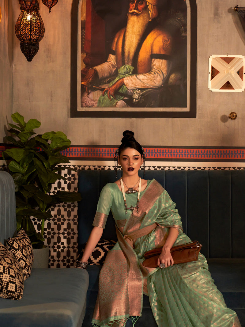 Mint Green Tissue Silk Saree with Silver Gold Zari Work
