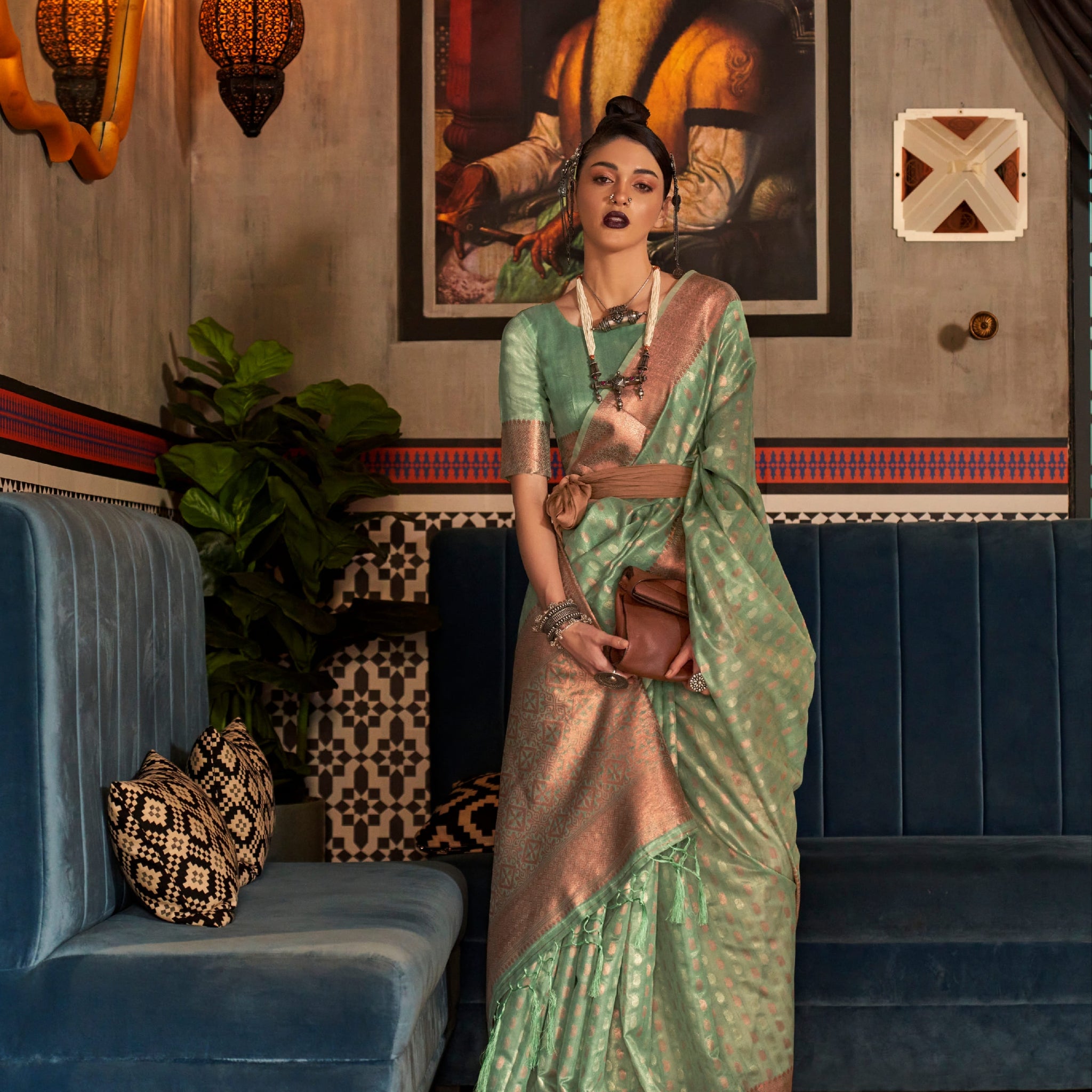Mint Green Tissue Silk Saree with Silver Gold Zari Work