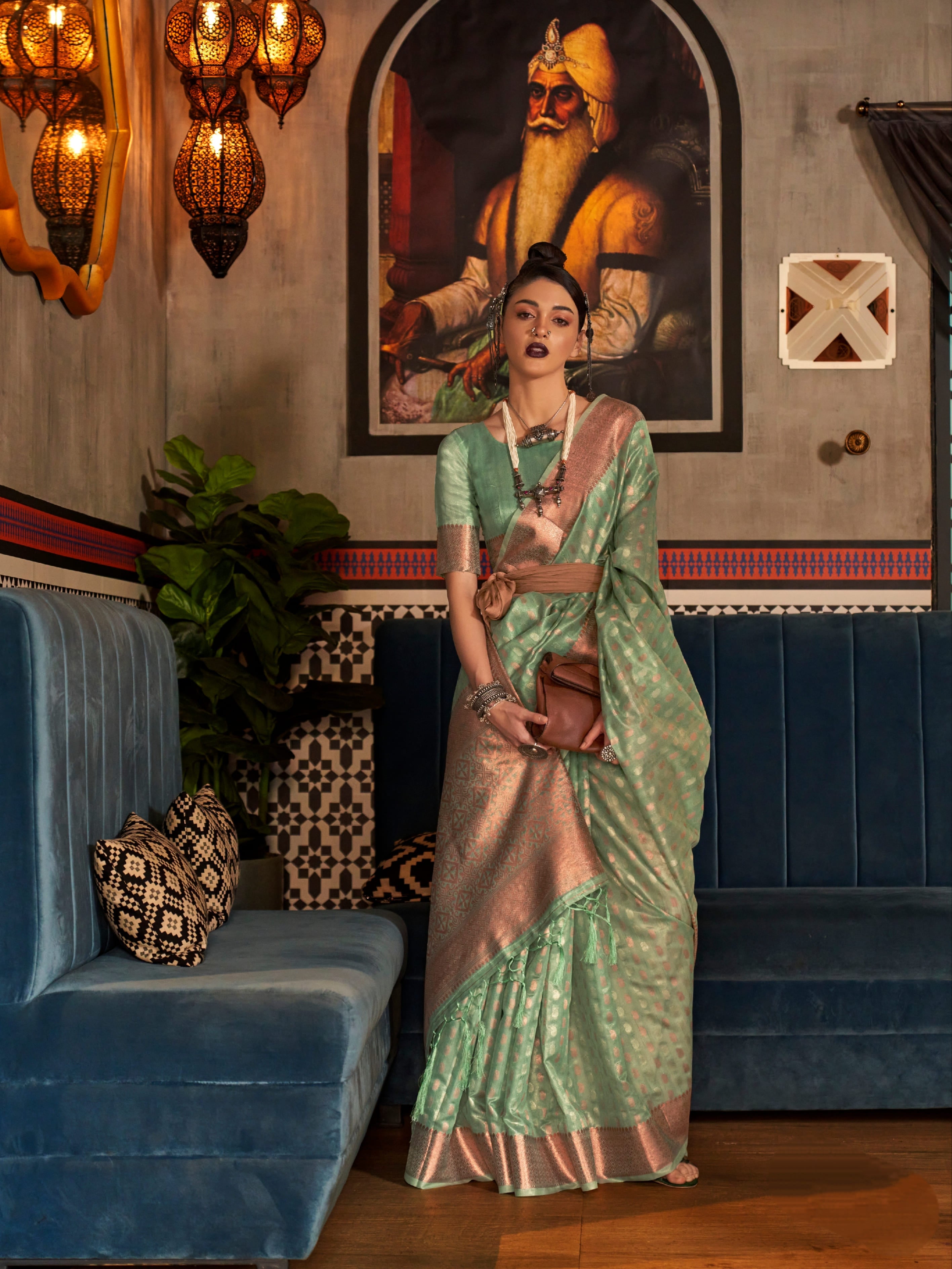 Mint Green Tissue Silk Saree with Silver Gold Zari Work