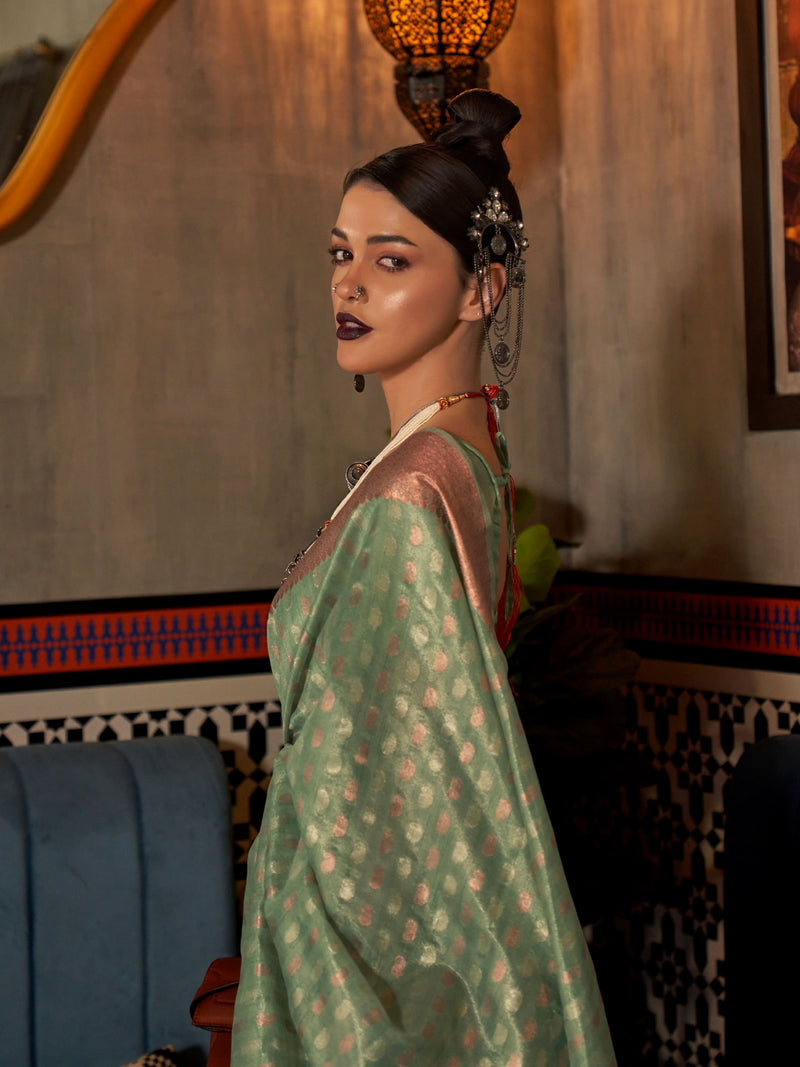 Mint Green Tissue Silk Saree with Silver Gold Zari Work