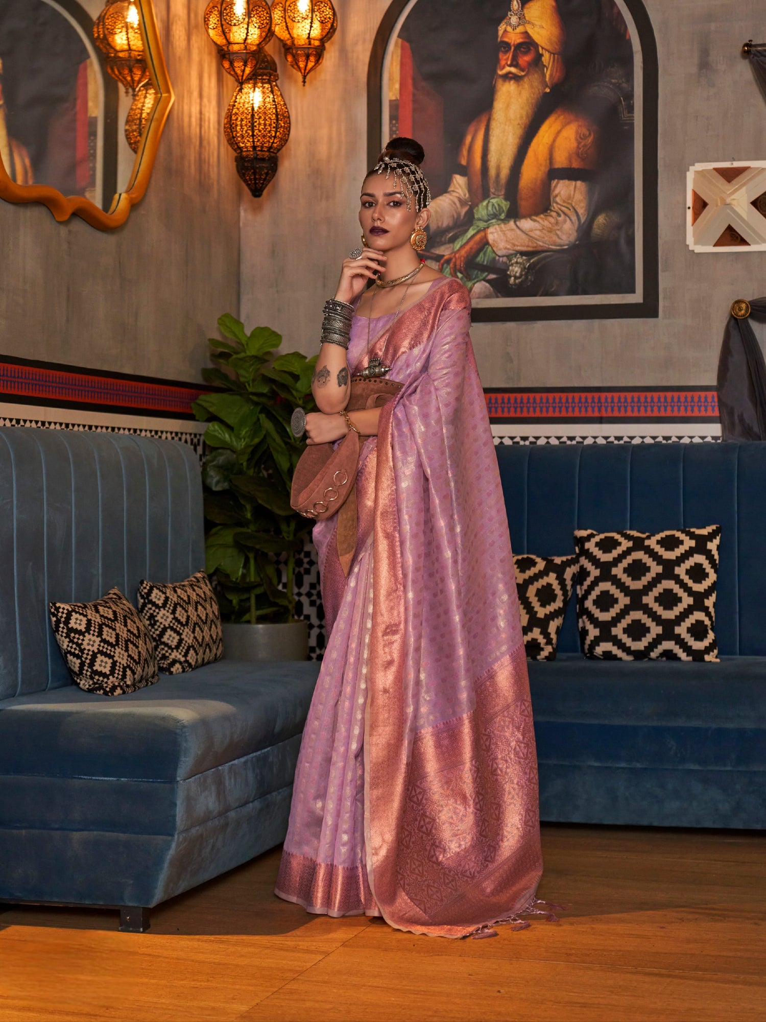 Lavender Tissue Silk Saree with Handloom Zari Weaving