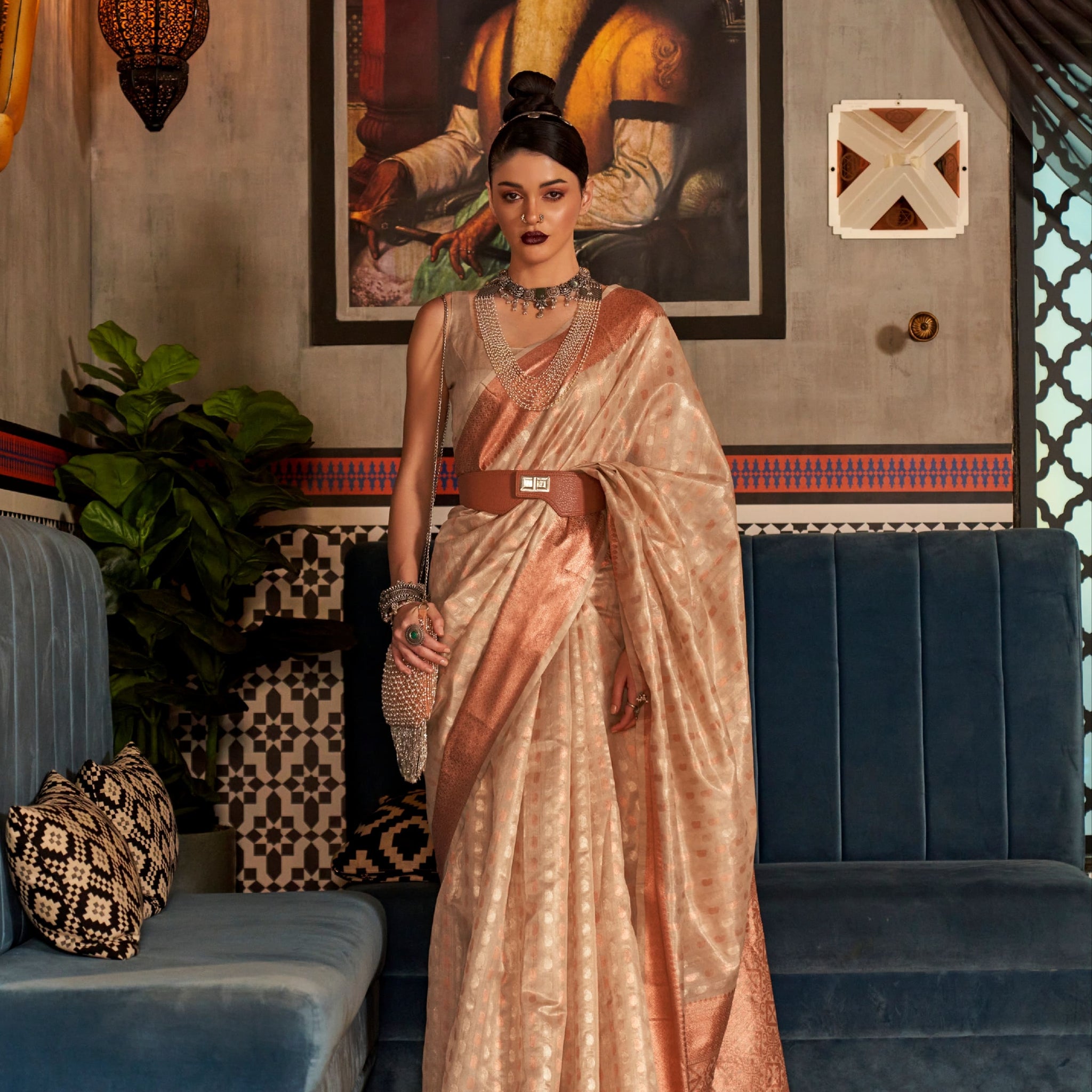 Rose Gold Tissue Saree with Handwoven Copper Zari Design