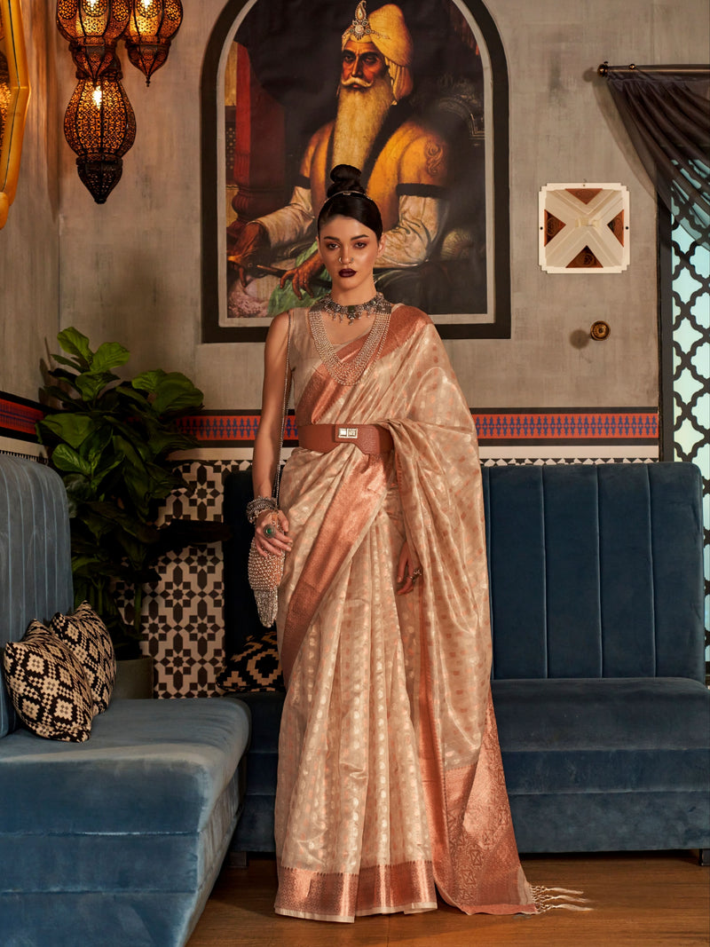 Rose Gold Tissue Saree with Handwoven Copper Zari Design