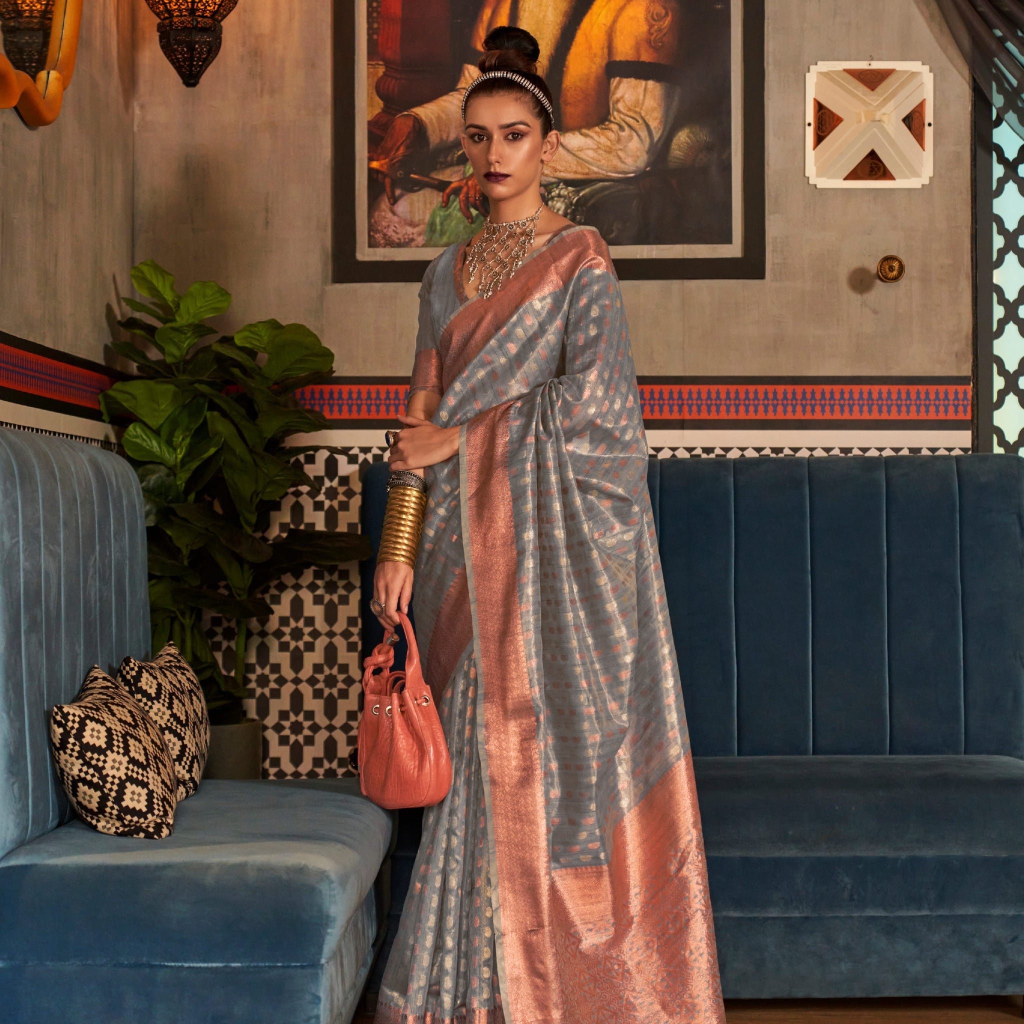 Dusty Blue Tissue Silk Saree with Gold Zari Border