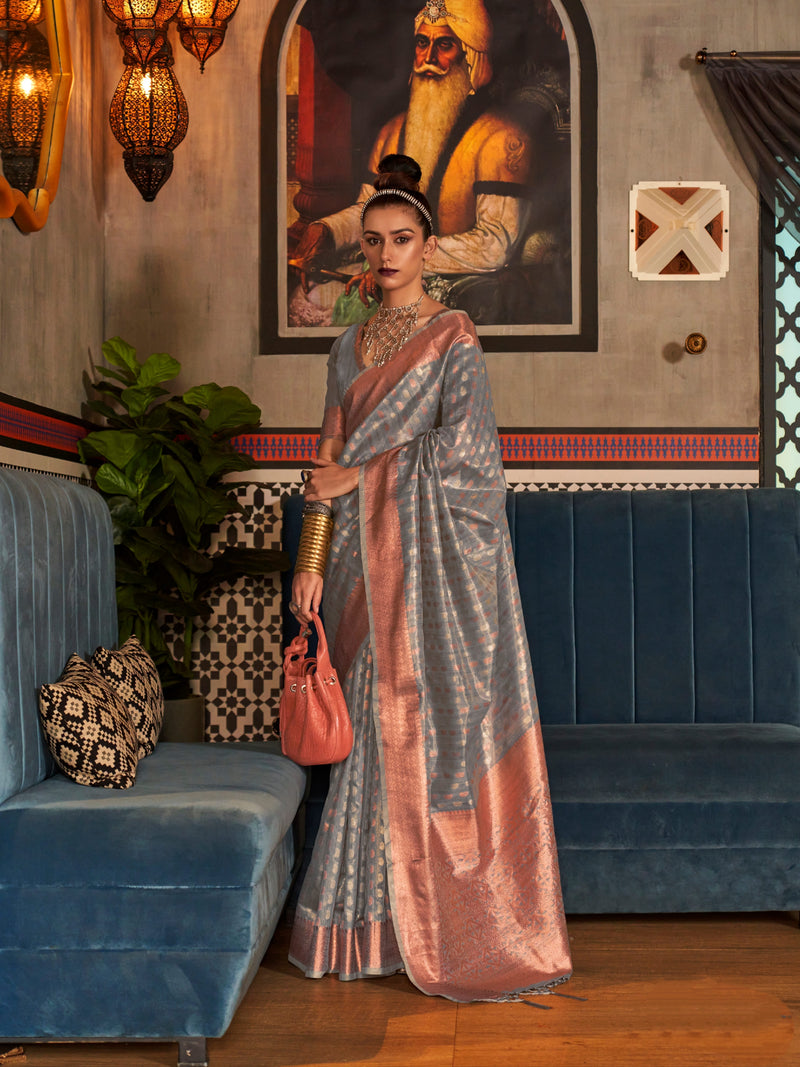 Dusty Blue Tissue Silk Saree with Gold Zari Border