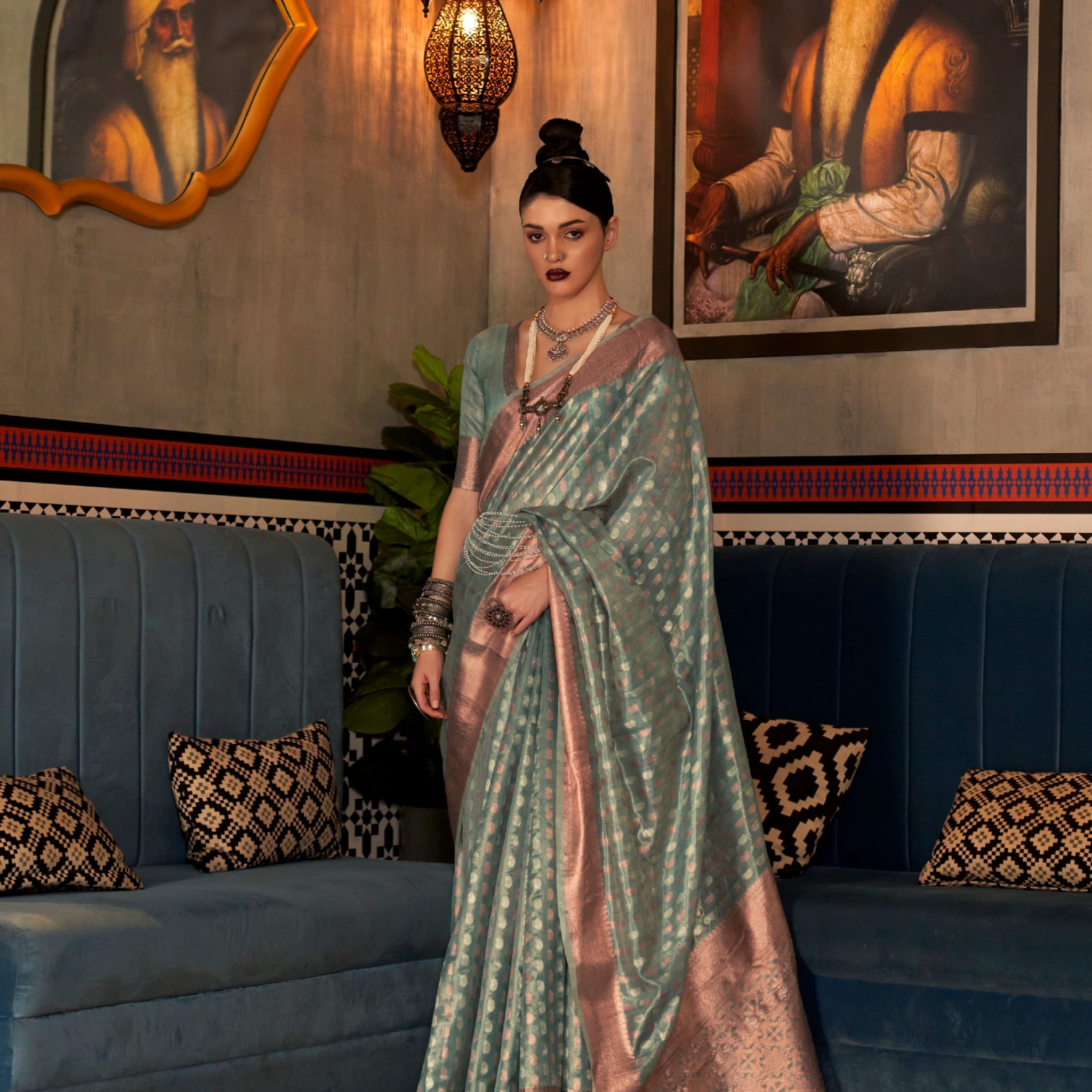 Sea Green Tissue Silk Saree with Gold Silver Zari Weaving