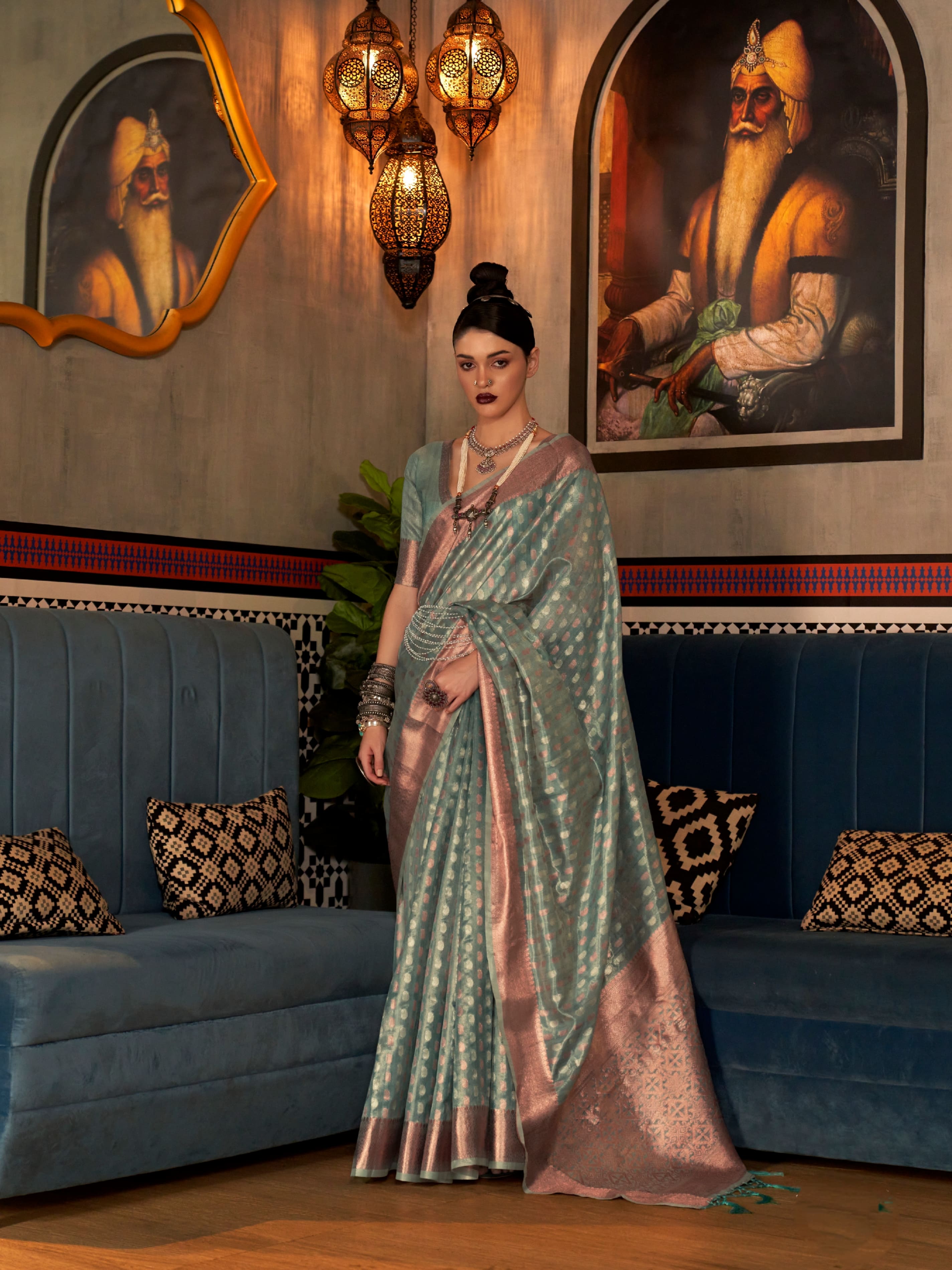 Sea Green Tissue Silk Saree with Gold Silver Zari Weaving