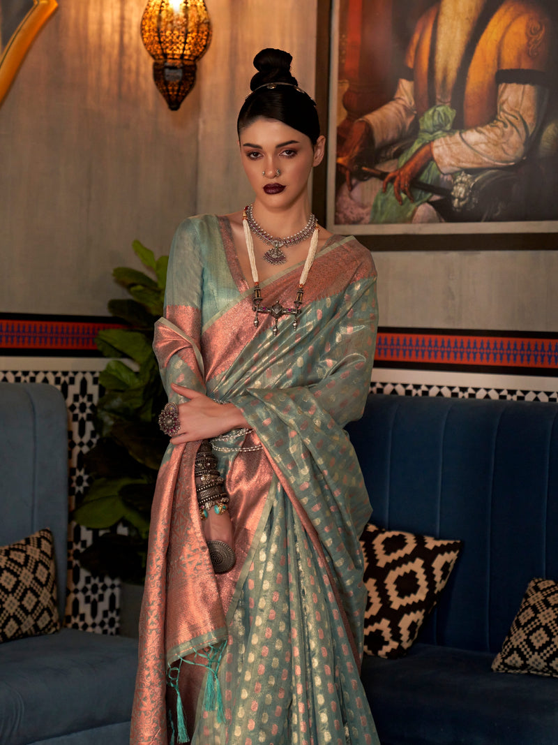 Sea Green Tissue Silk Saree with Gold Silver Zari Weaving