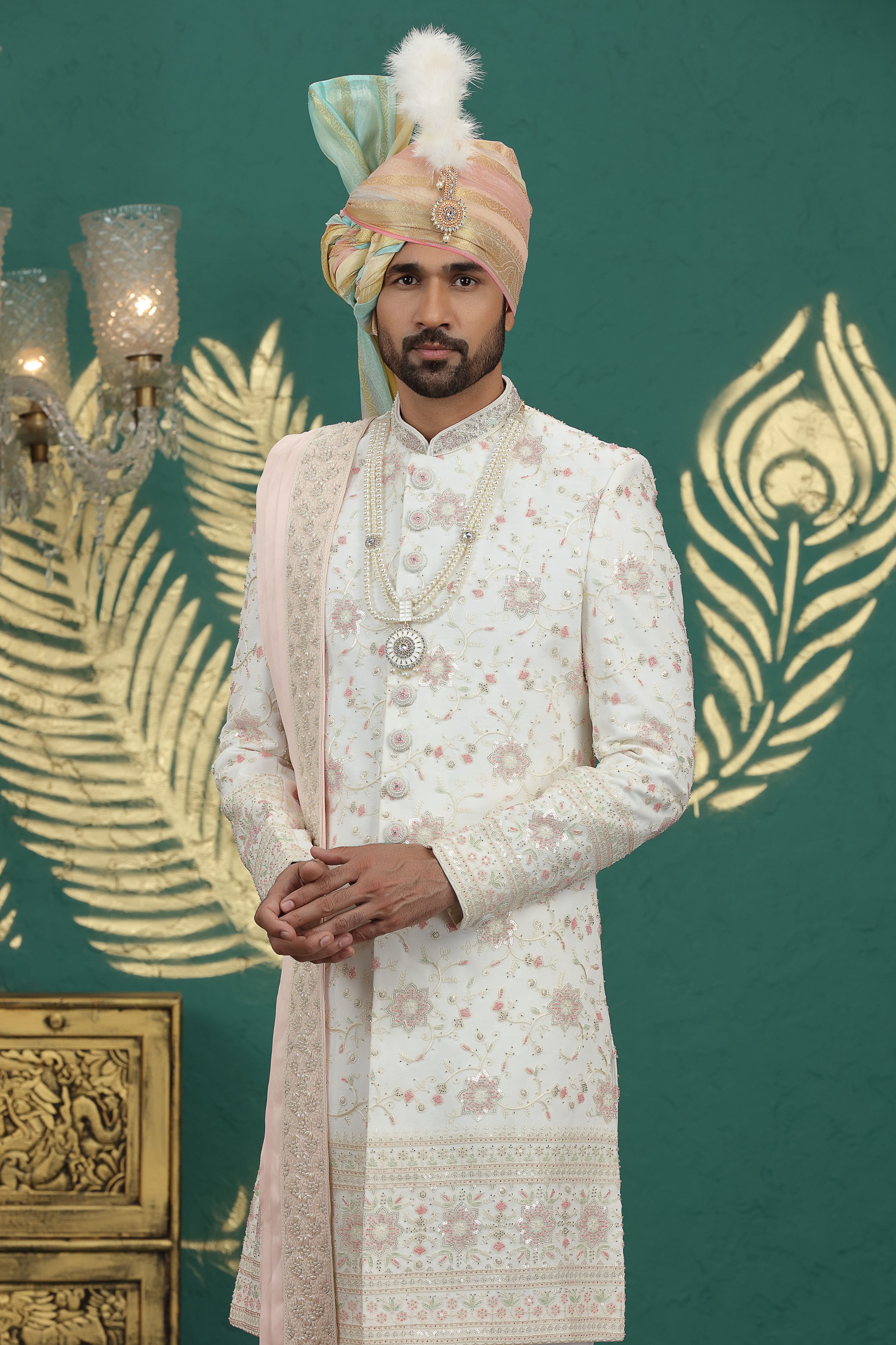 Designer cream sherwani set with Dupion Aligadhi pant