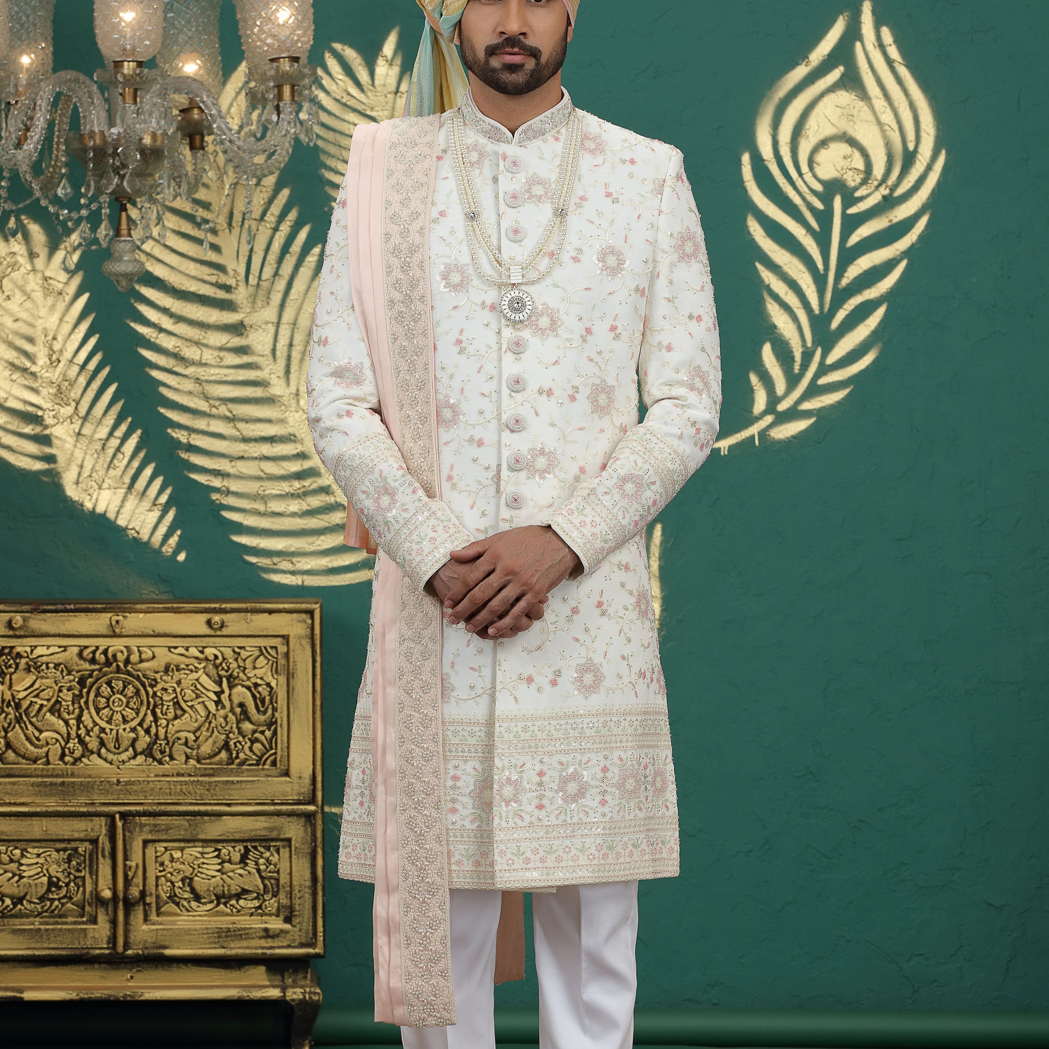 Cream art silk embroidered sherwani for groom wedding
