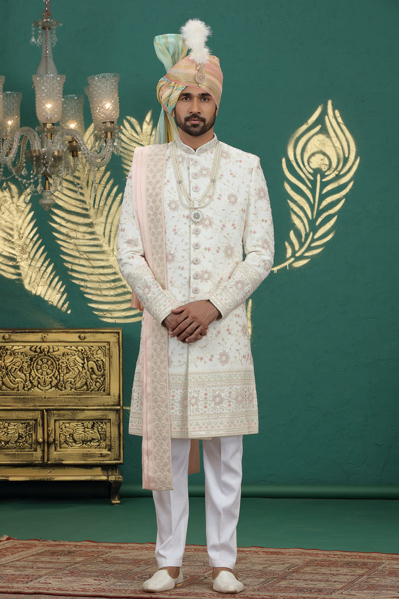 Cream art silk embroidered sherwani for groom wedding