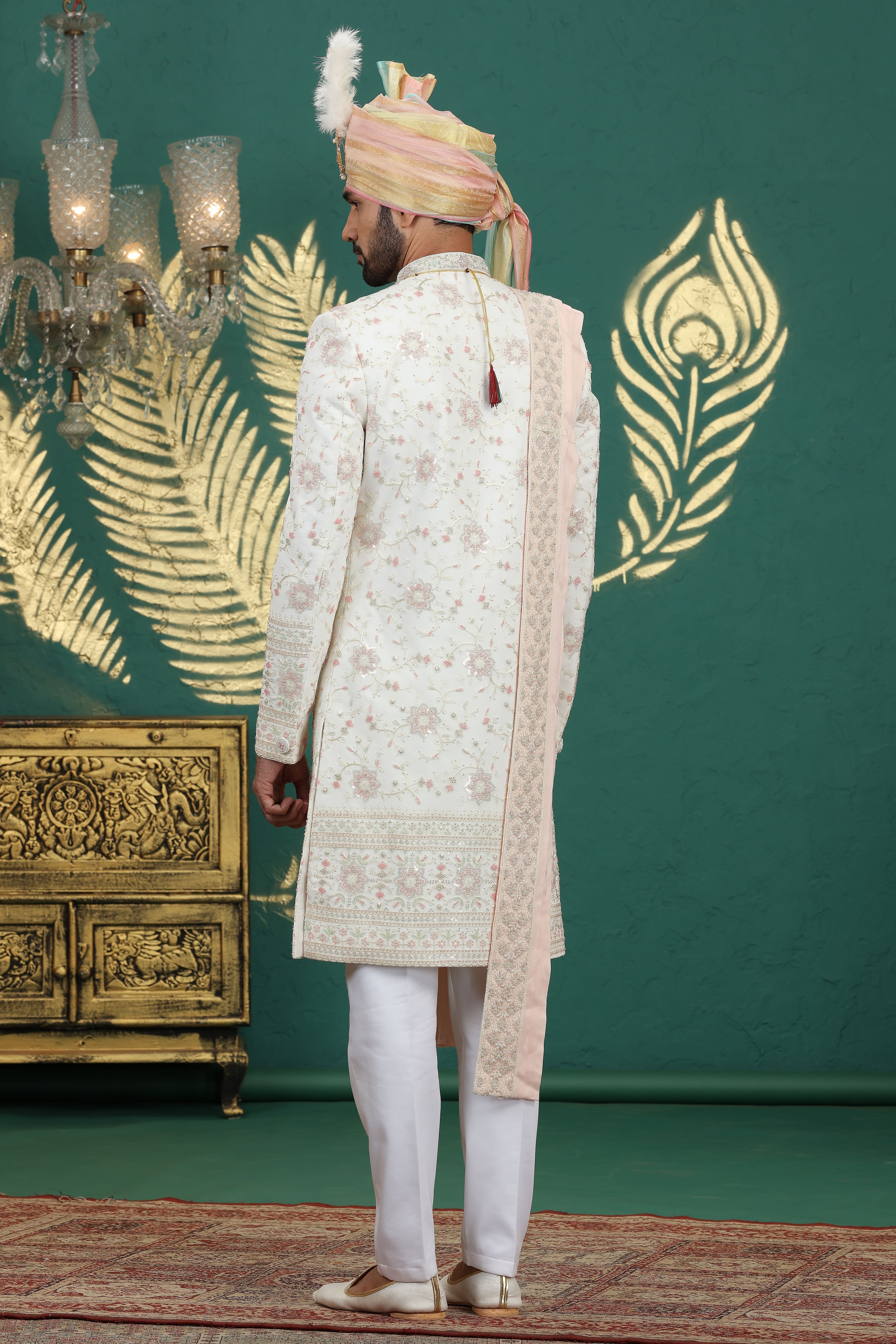 Luxury art silk cream sherwani outfit for men