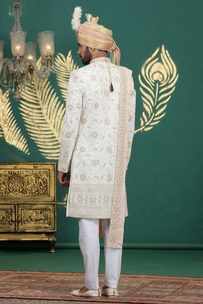 Luxury art silk cream sherwani outfit for men