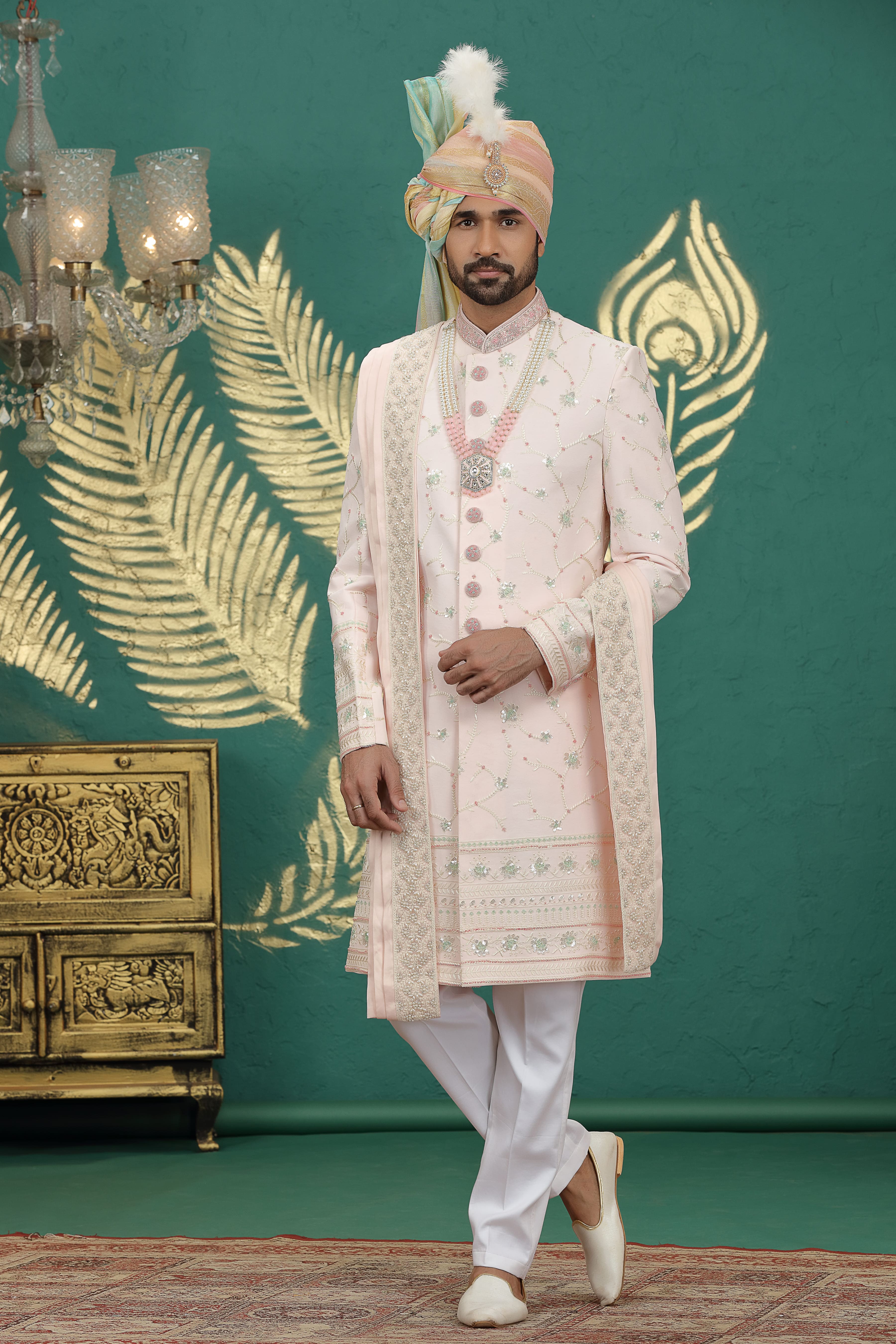 Blush pink embroidered sherwani for groom with Aligadhi pants