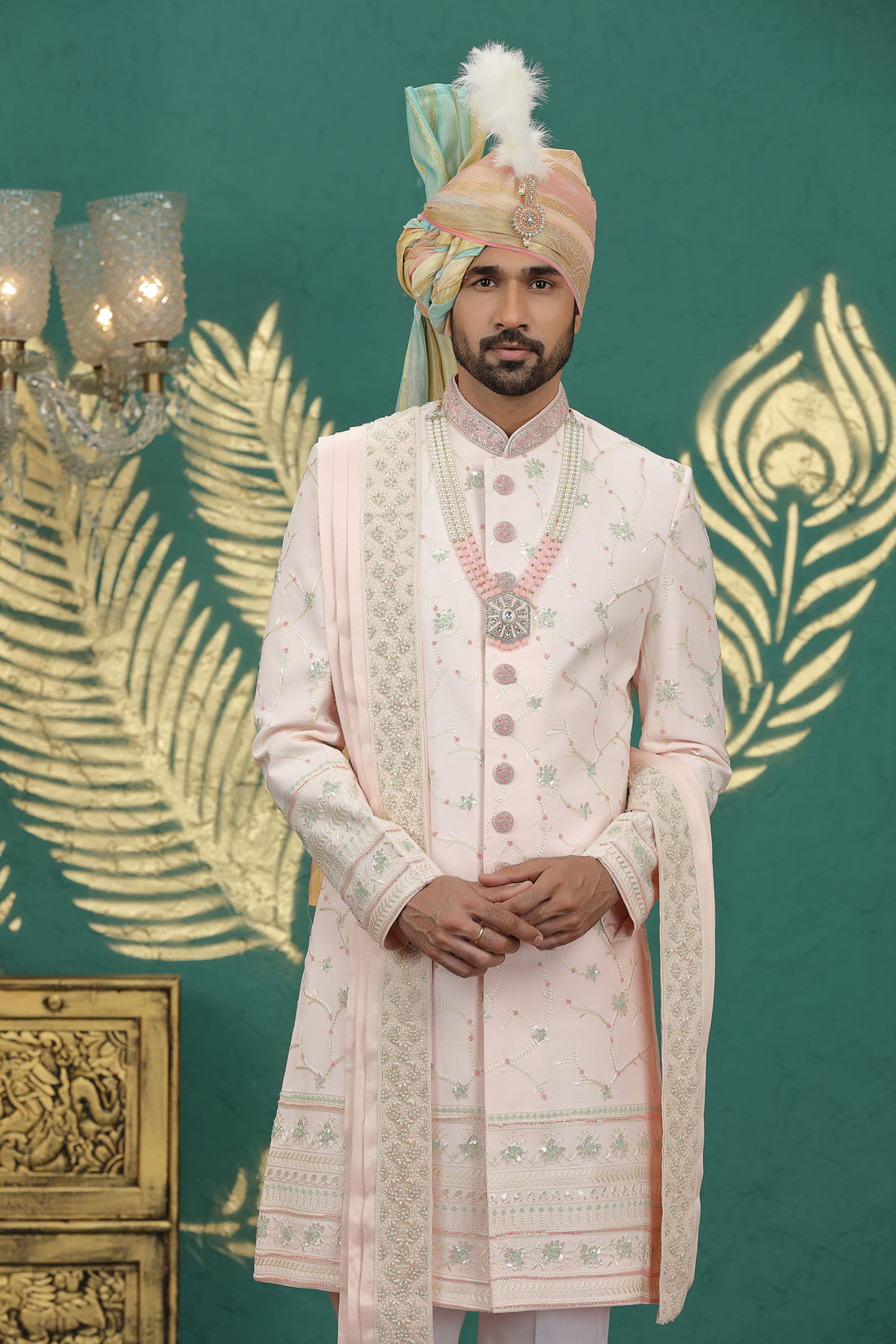 Blush pink embroidered sherwani for groom with Aligadhi pants