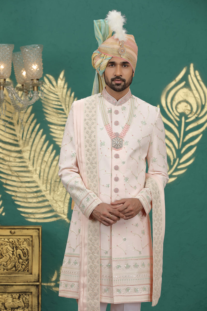 Designer art silk sherwani for wedding in pastel pink