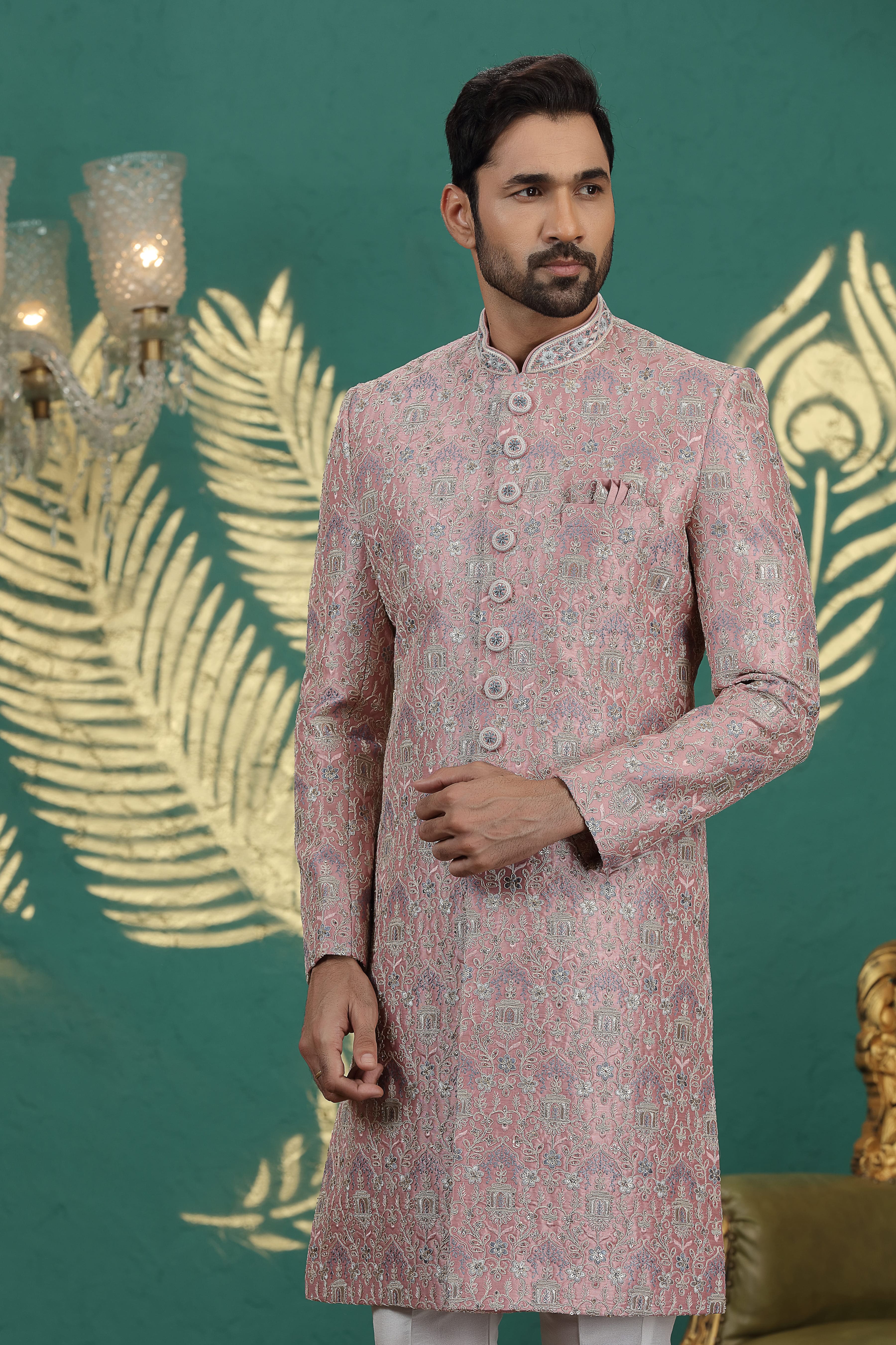 Hand embroidered onion color sherwani for men