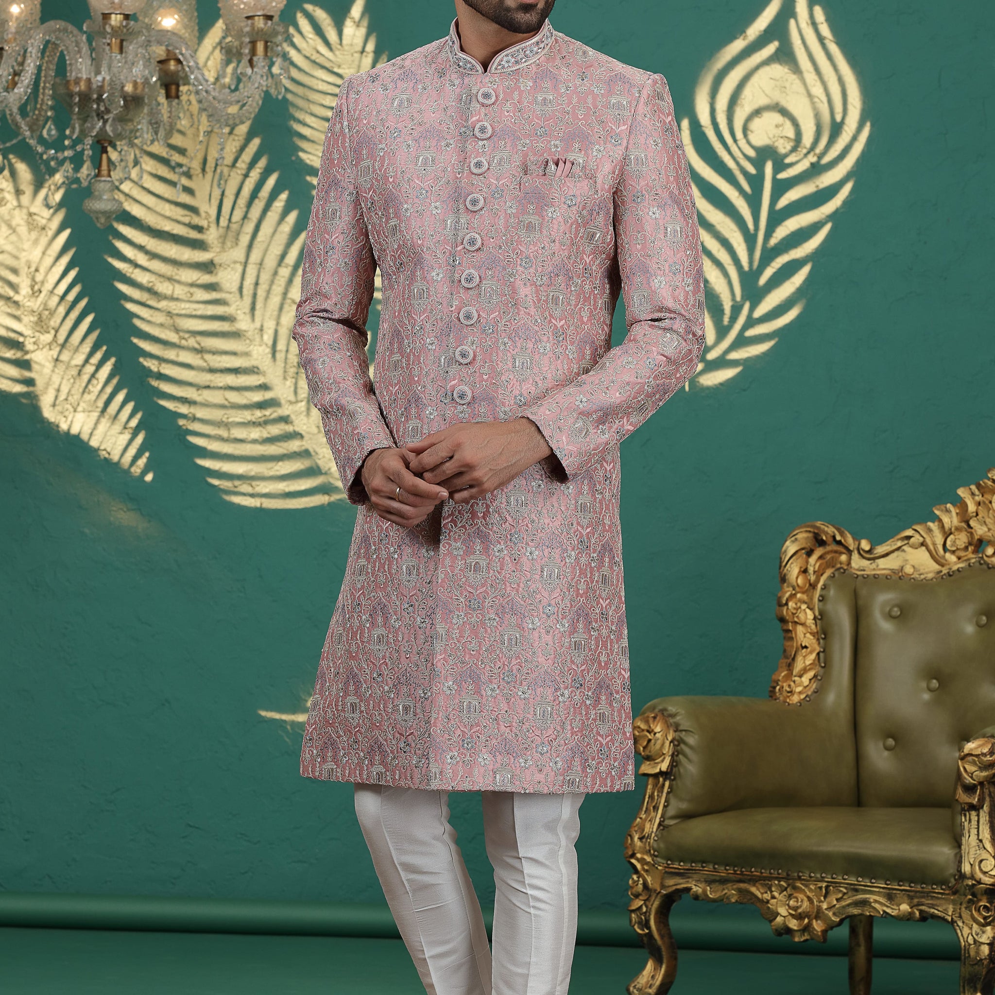 Onion pink embroidered sherwani for groom