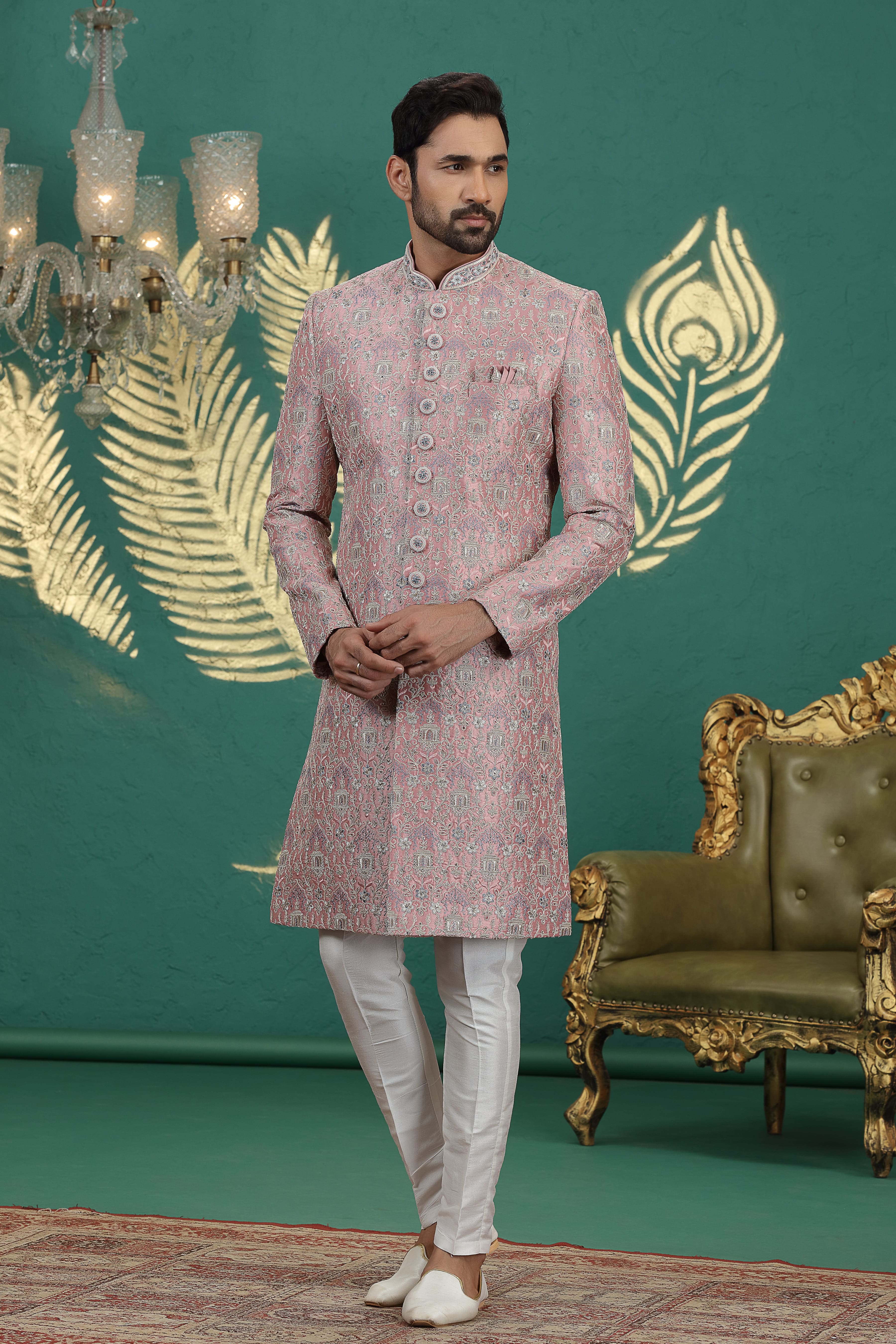 Onion pink embroidered sherwani for groom