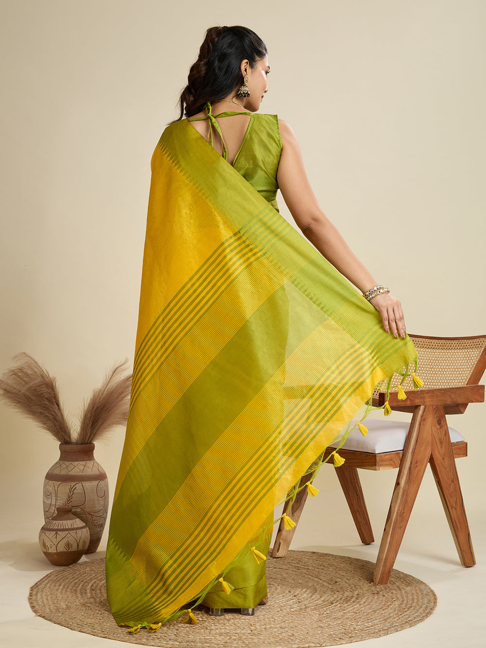 Lemon Yellow Pure Soft Bengalori Temple Border Row Silk Saree