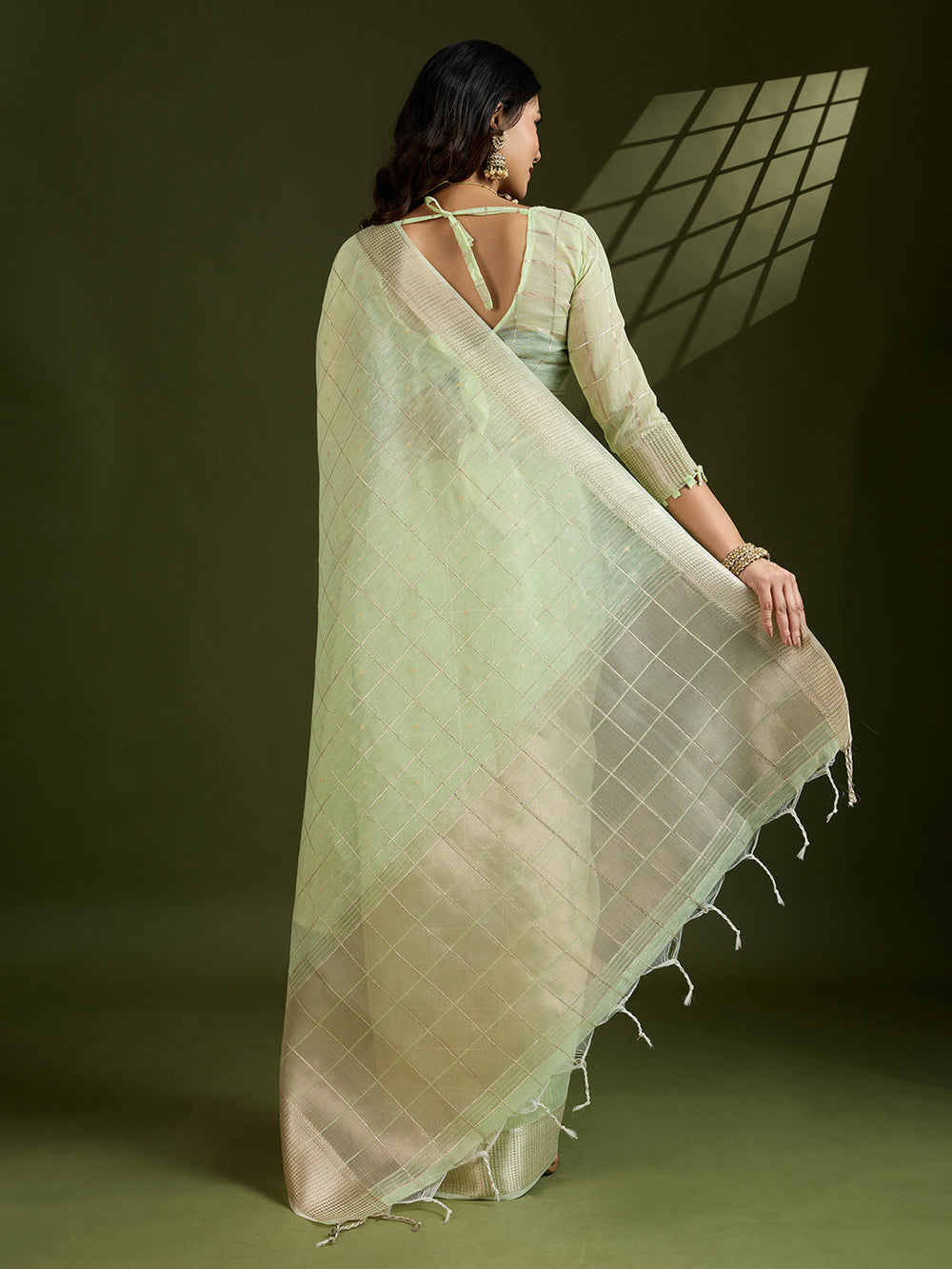 Pista Pure Tissue Zari Checks Silk Tissue Saree