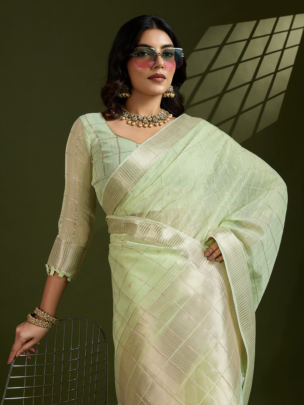Pista Pure Tissue Zari Checks Silk Tissue Saree