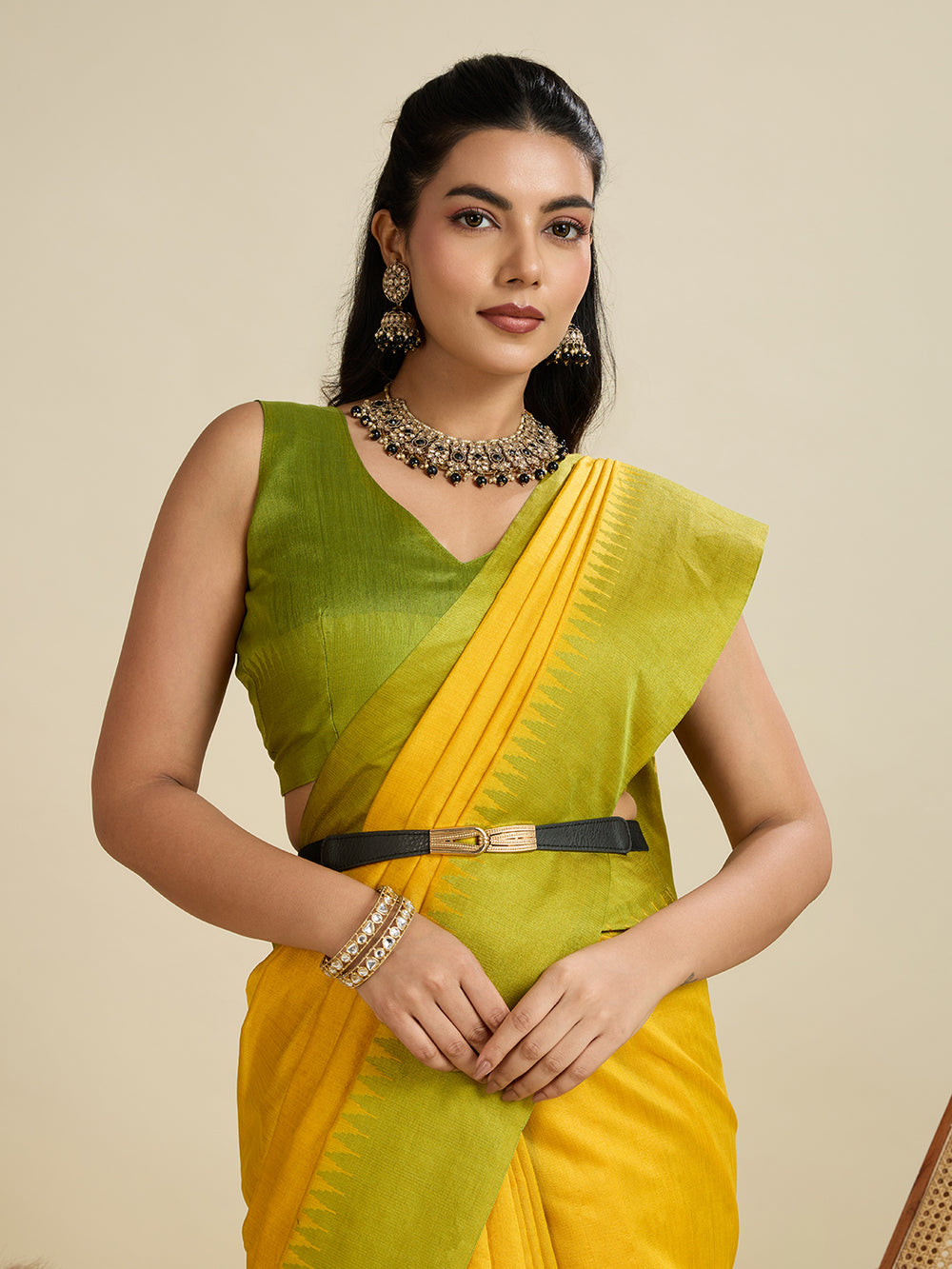 Lemon Yellow Pure Soft Tussar Silk with Temple Border Tussar Saree Tussar Saree Anant Tex Exports Pvt.Ltd..