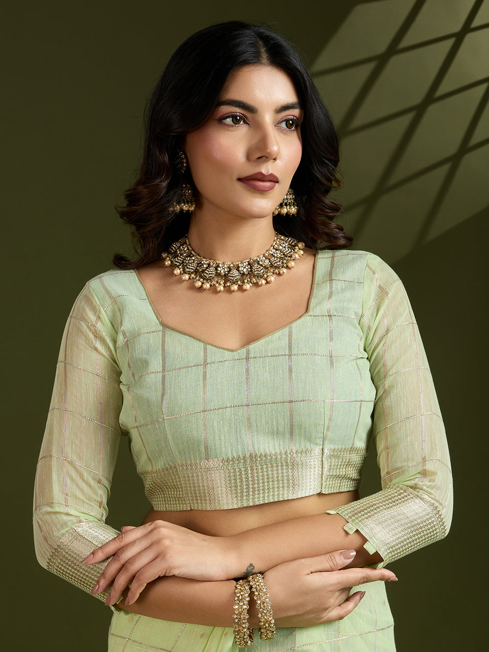 Pista Pure Tissue Zari Checks Silk Tissue Saree