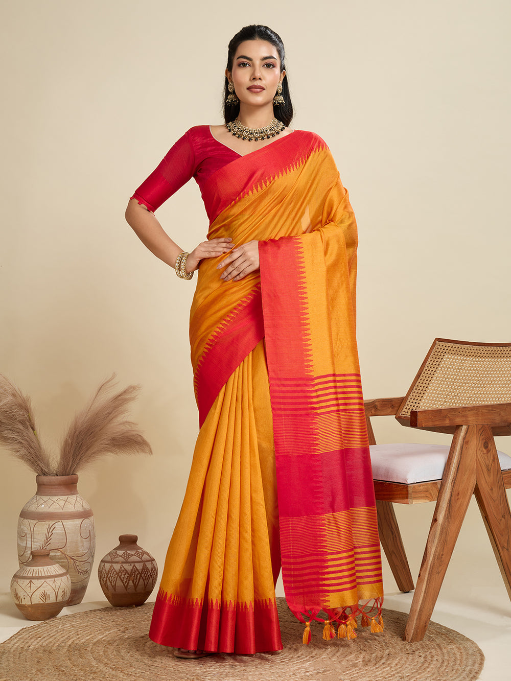 Orange Pure Soft Bengalori Temple Border Row Silk Saree